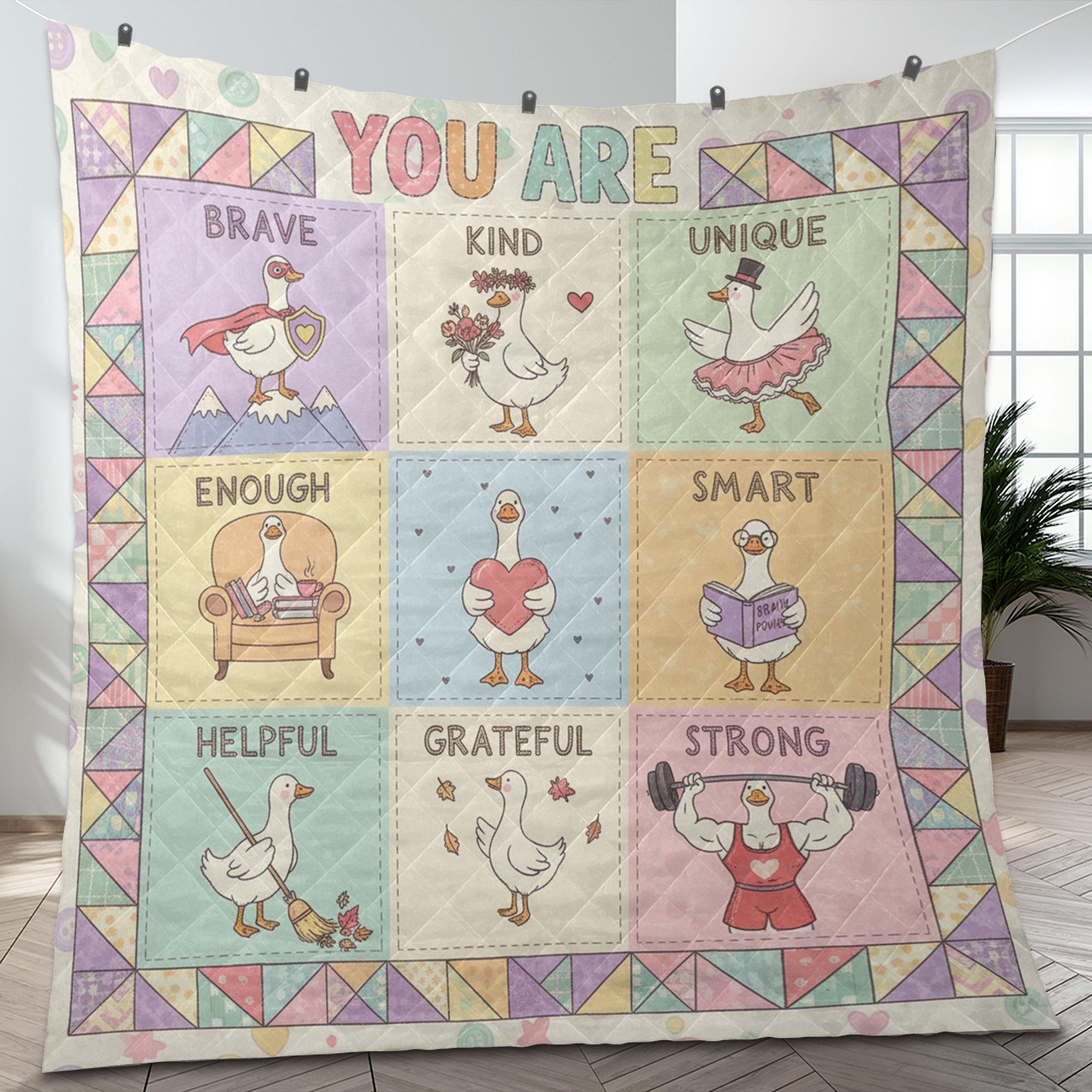 Teacher Quilt Blanket – Patchwork Throw, Positive Affirmation Goose Panels, Pastel Colors