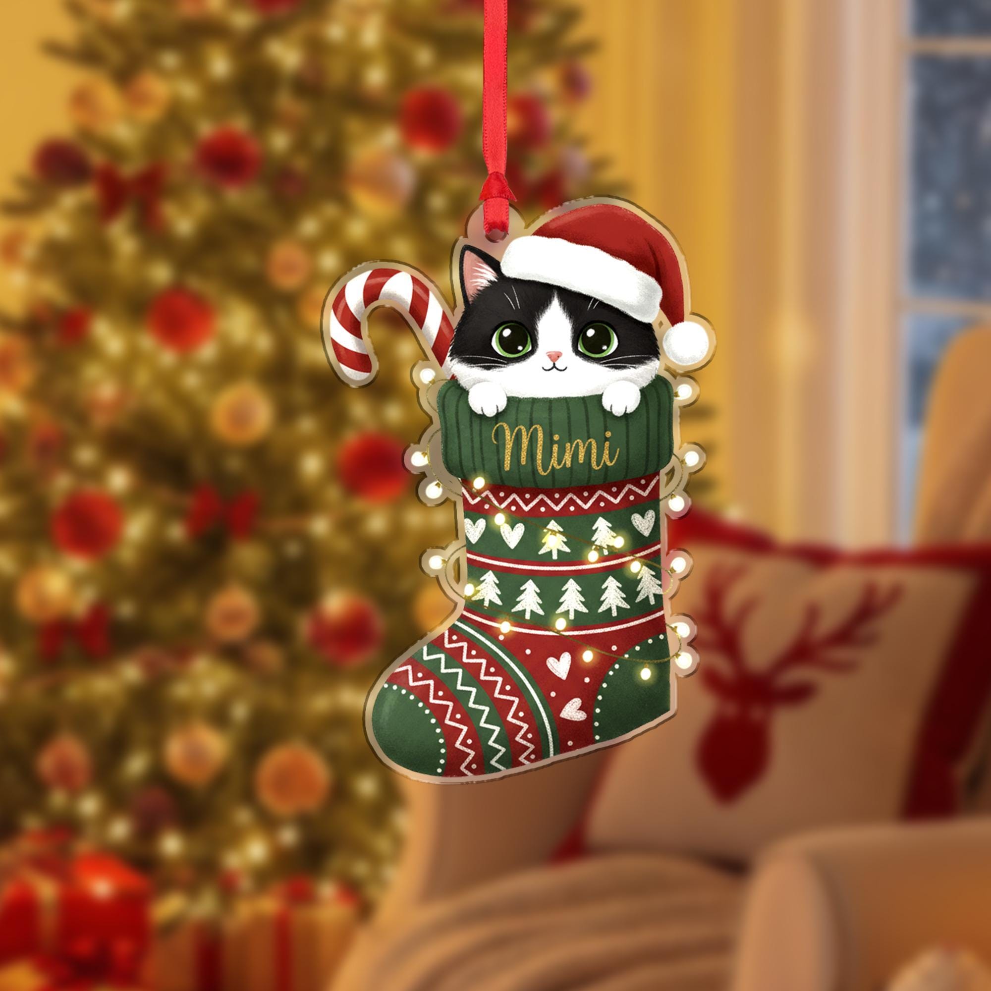Cat in Christmas Stocking Ornament: Personalized Pet Name Holiday Decoration