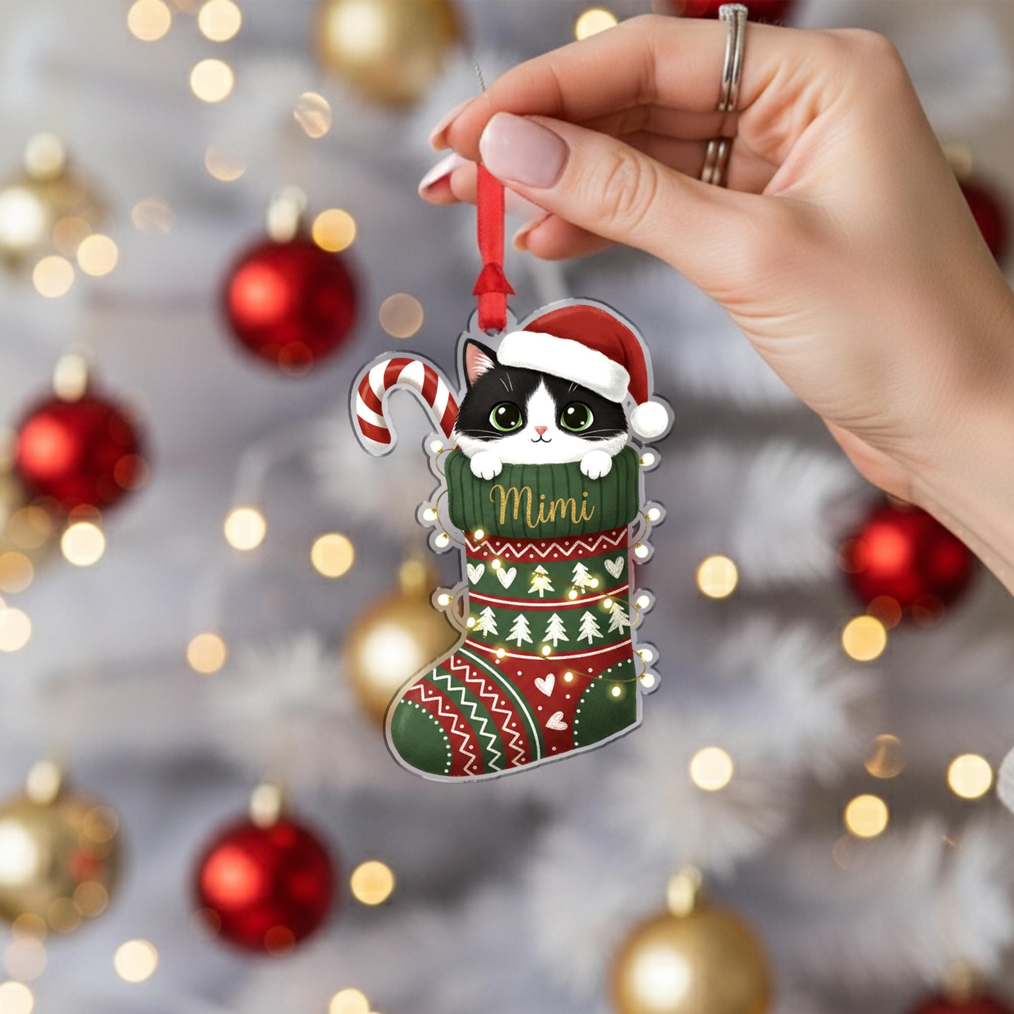Cat in Christmas Stocking Ornament: Personalized Pet Name Holiday Decoration