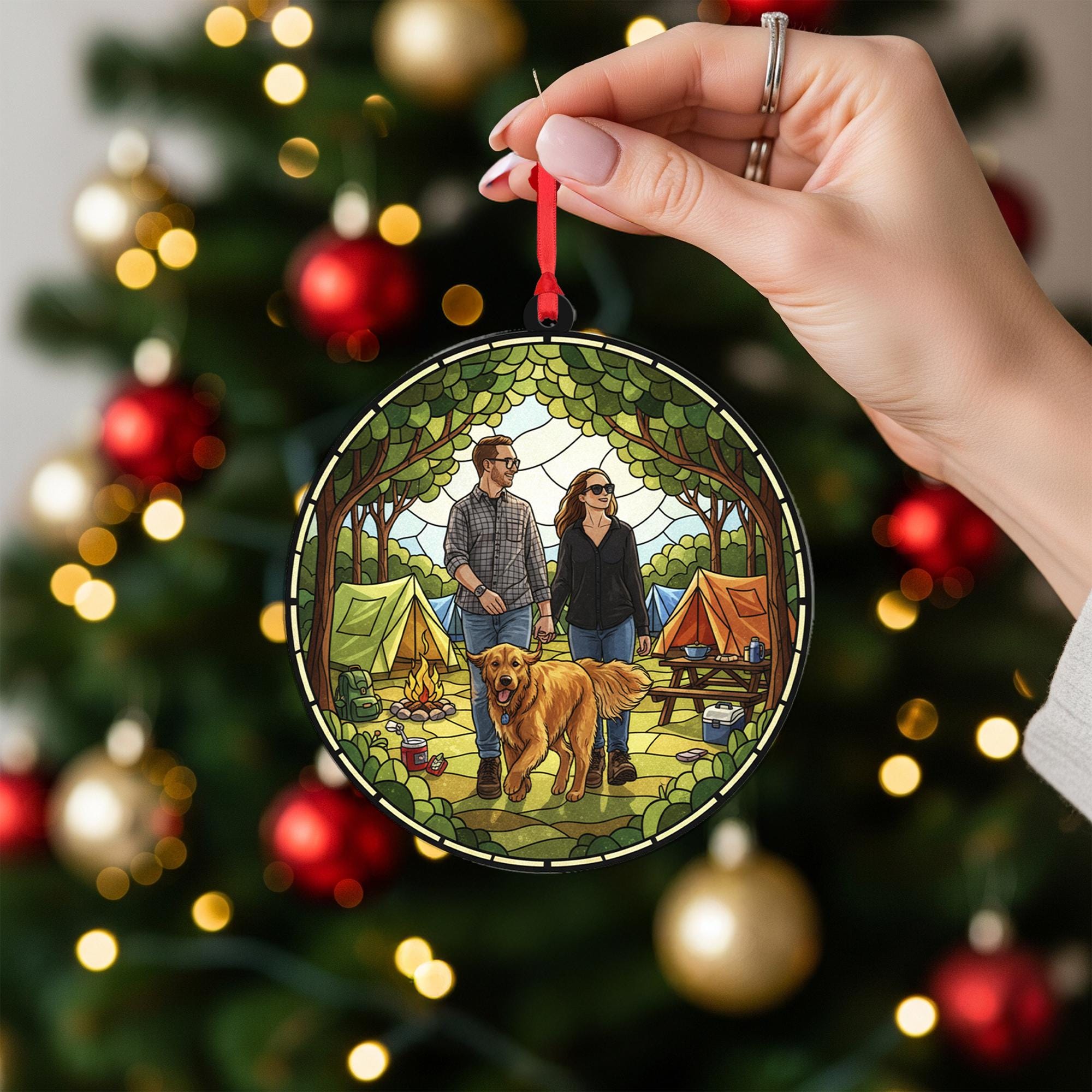 Personalized Camping Ornament – Custom Couple with Dog Outdoor Scene Christmas Decor