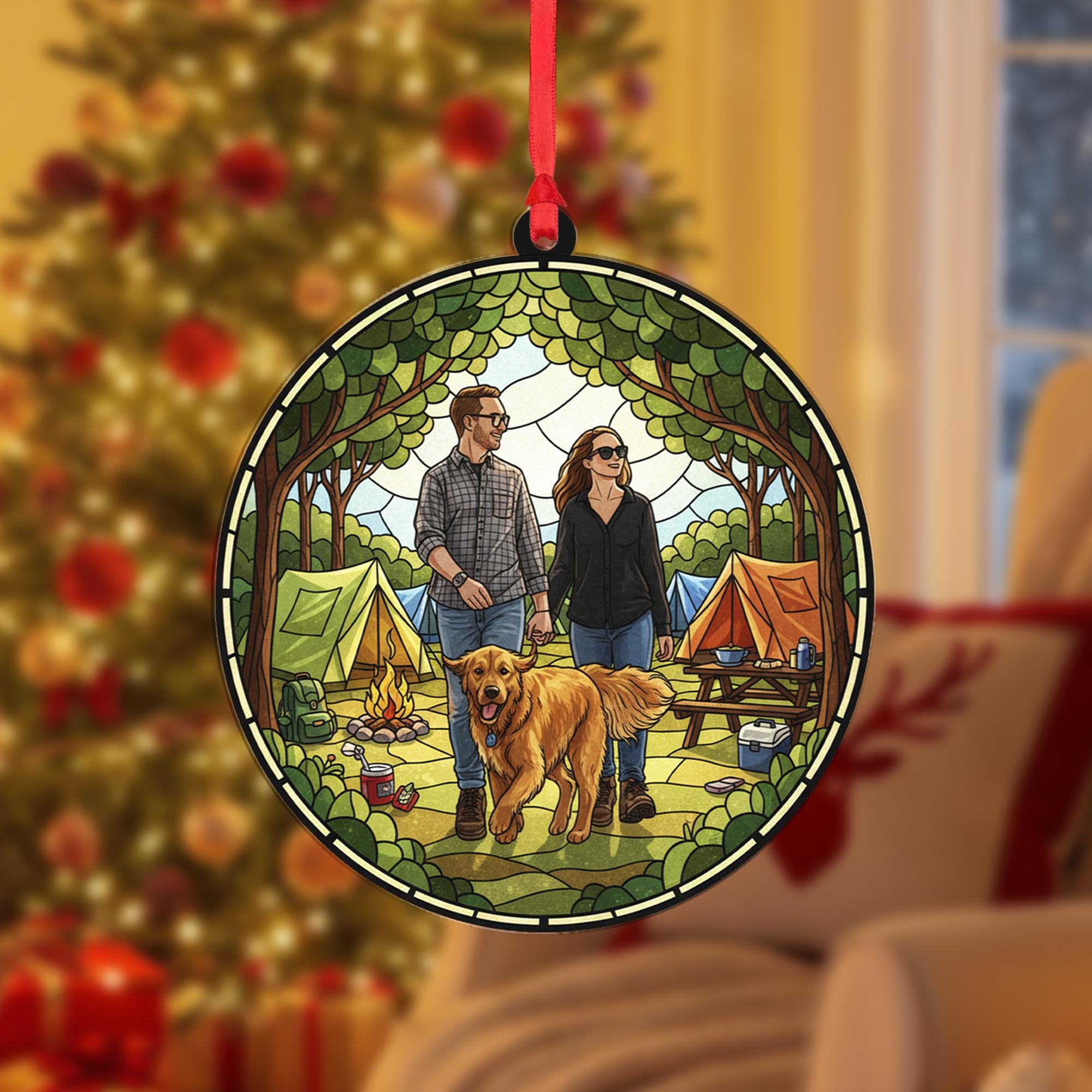 Personalized Camping Ornament – Custom Couple with Dog Outdoor Scene Christmas Decor