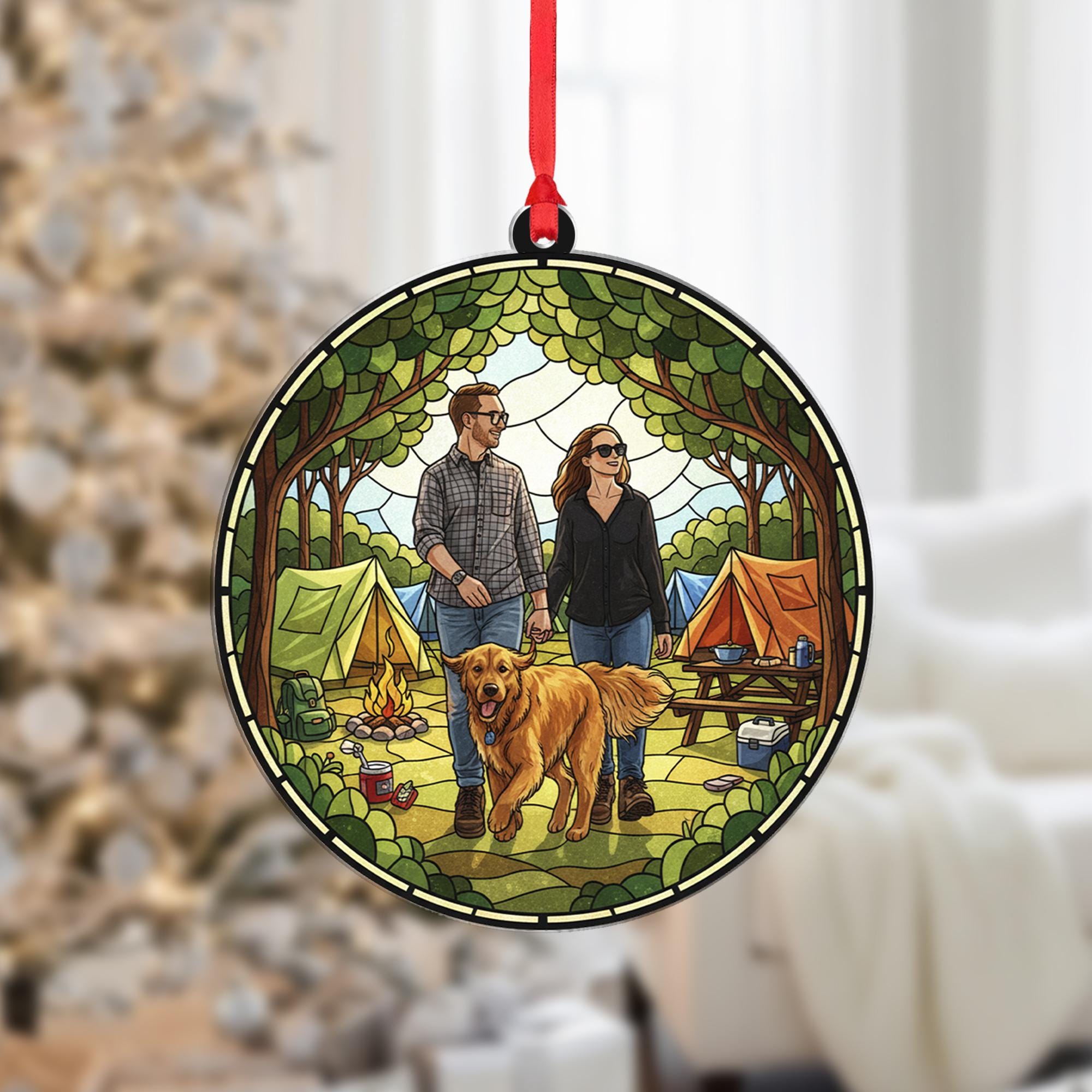 Personalized Camping Ornament – Custom Couple with Dog Outdoor Scene Christmas Decor