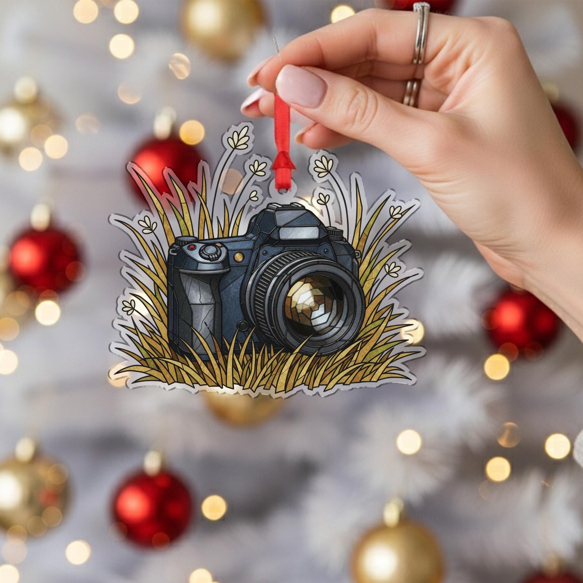 Camera Ornament – Photographer Christmas Tree Decoration with Nature Grass Design