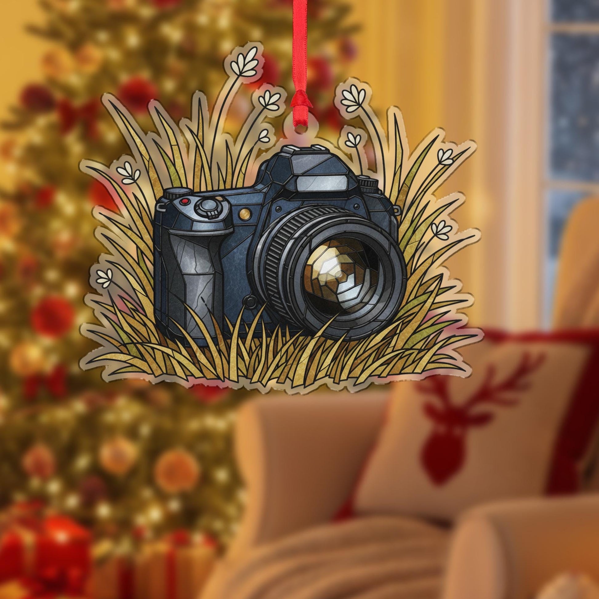 Camera Ornament – Photographer Christmas Tree Decoration with Nature Grass Design