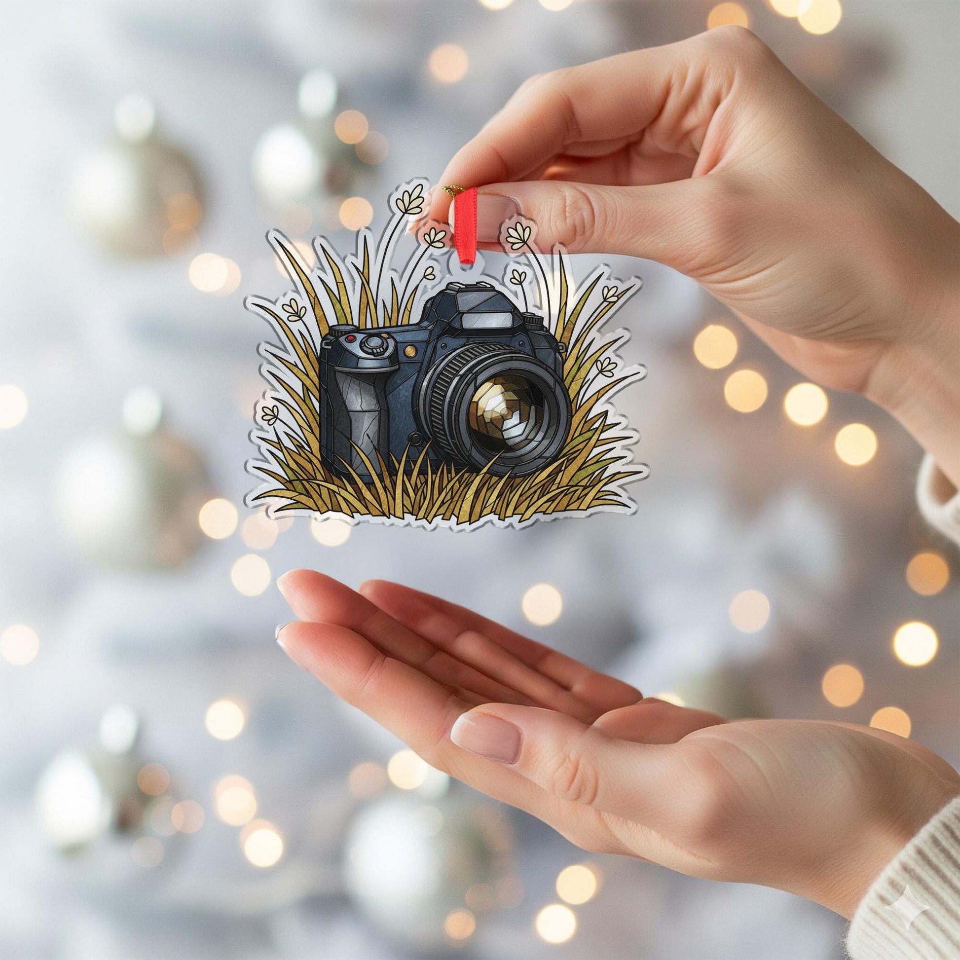 Camera Ornament – Photographer Christmas Tree Decoration with Nature Grass Design