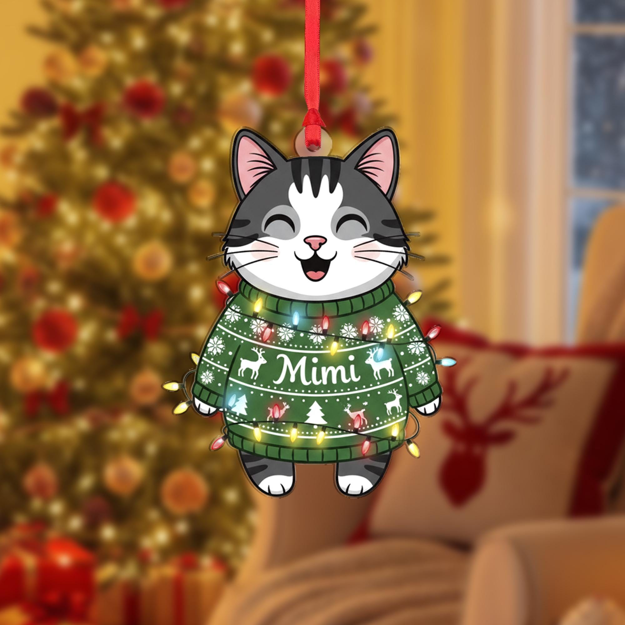 Happy Cat Christmas Ornament: Personalized Pet Name Decoration