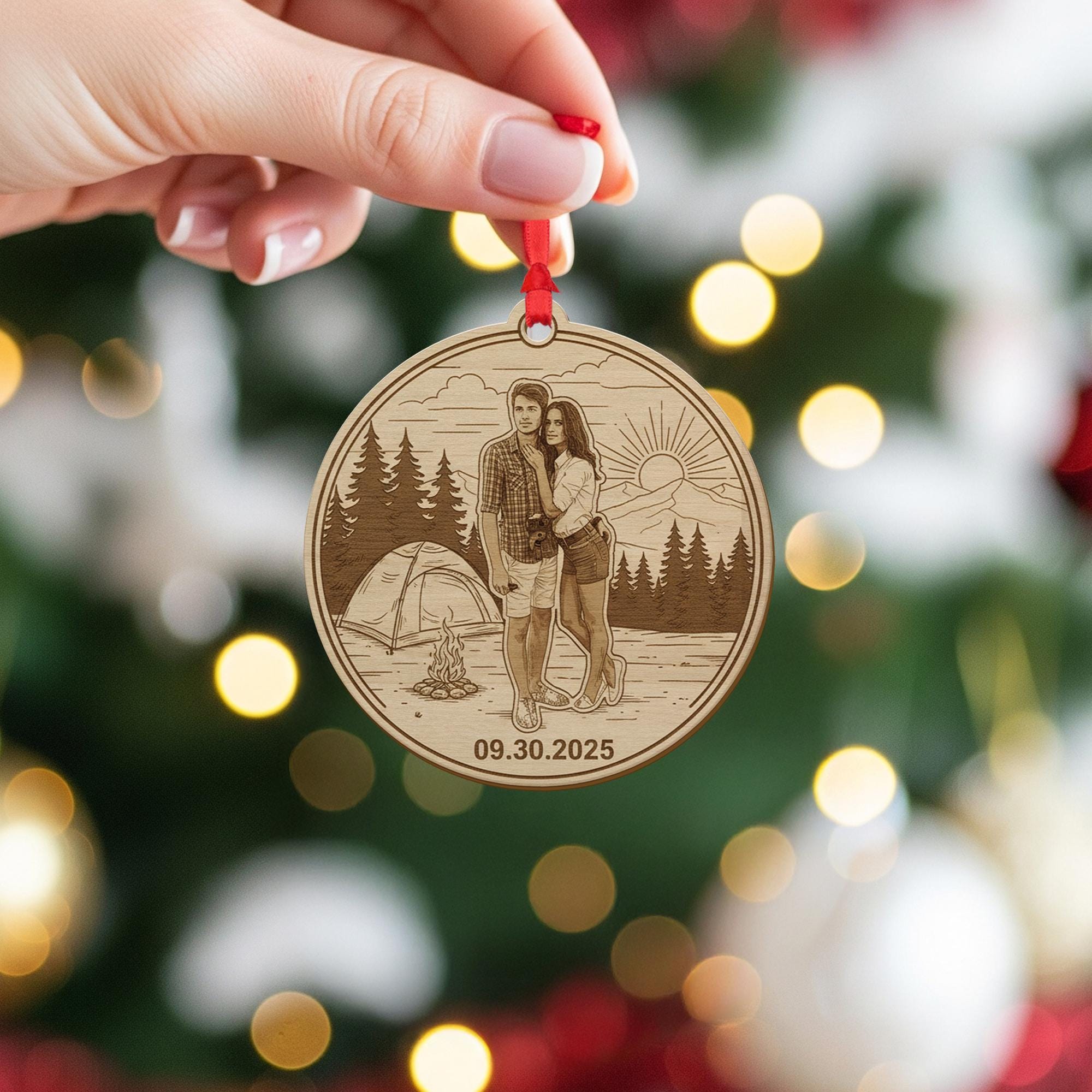 Personalized Wooden Ornament – Custom Couple Camping Scene Engraved Decoration
