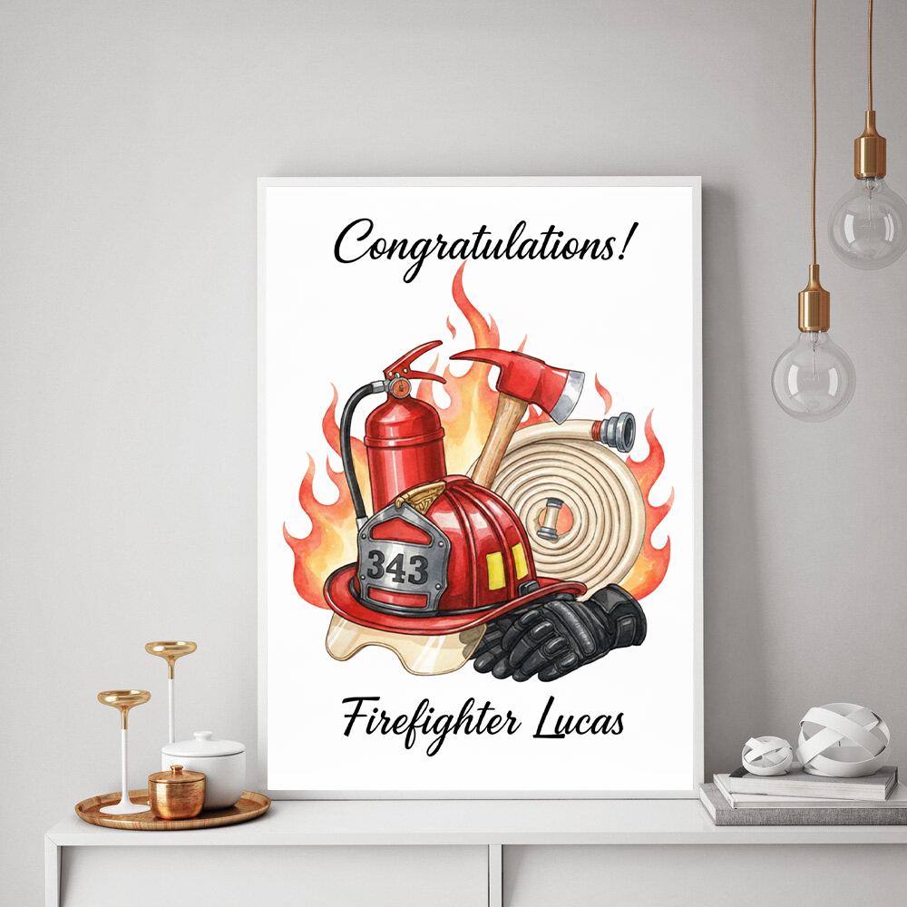 Personalized Poster – Firefighter Gear with Helmet Hose and Axe Print