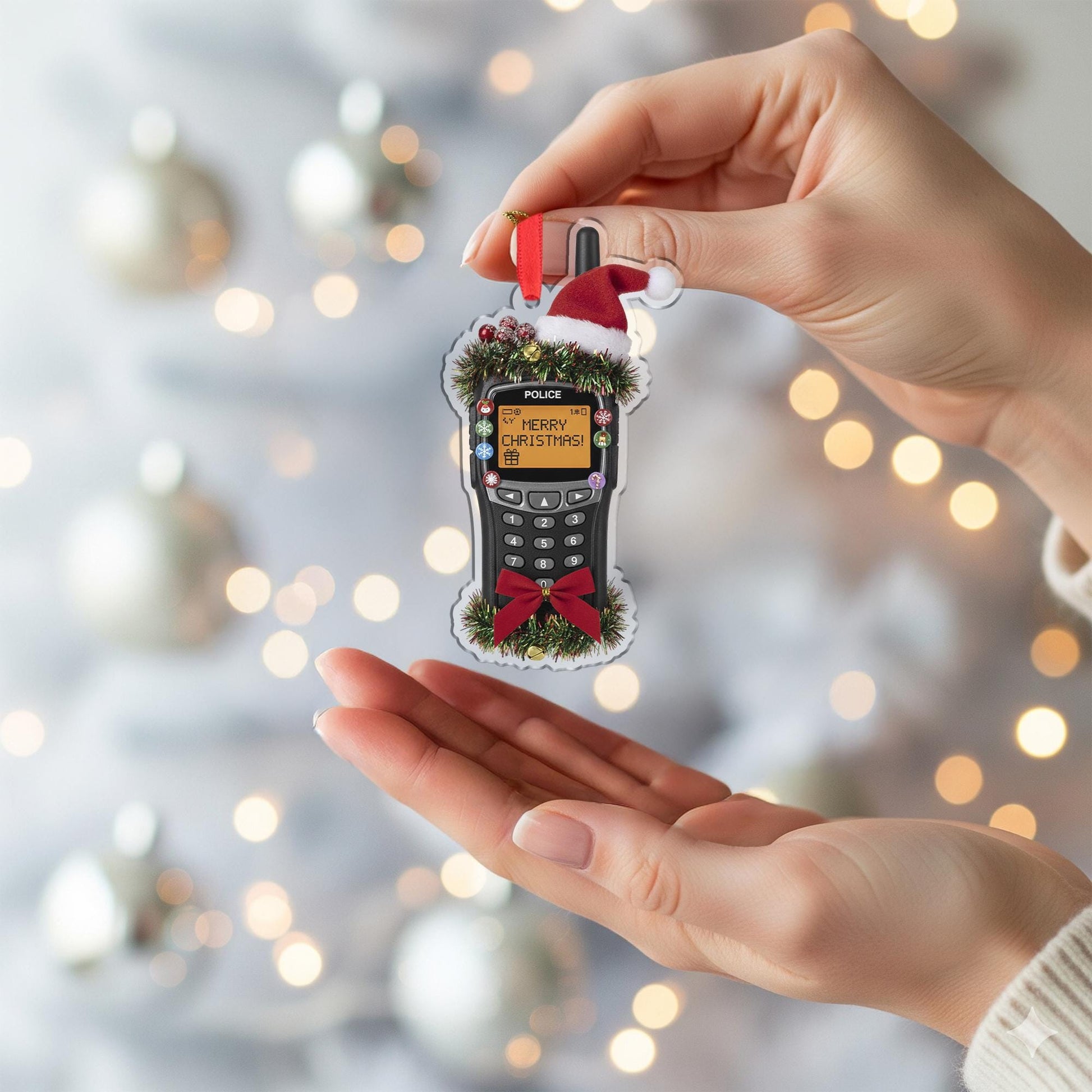 Wooden Police Radio Ornament – Law Enforcement Christmas Tree Decoration with Santa Hat