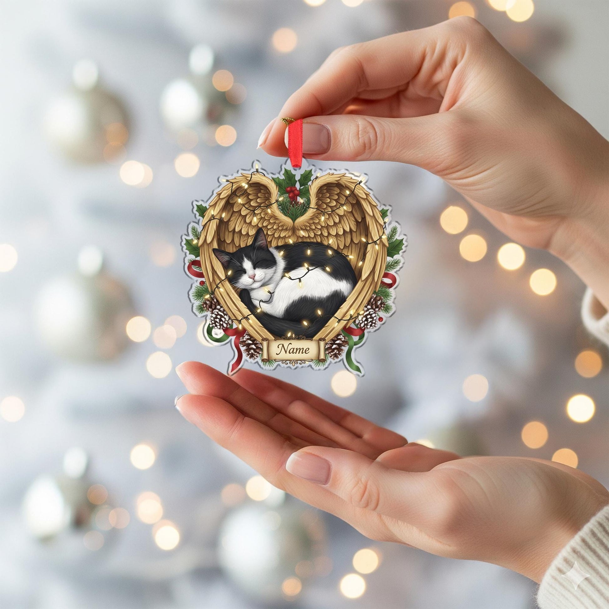 Cat Memorial Ornament with Angel Wings: Personalized Pet Loss Gift