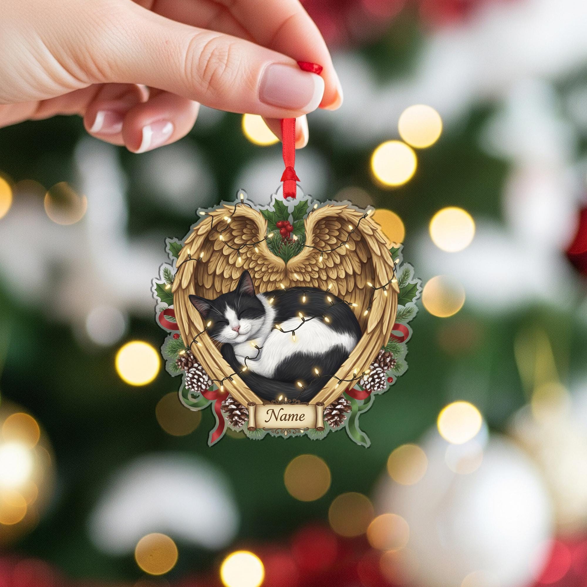 Cat Memorial Ornament with Angel Wings: Personalized Pet Loss Gift