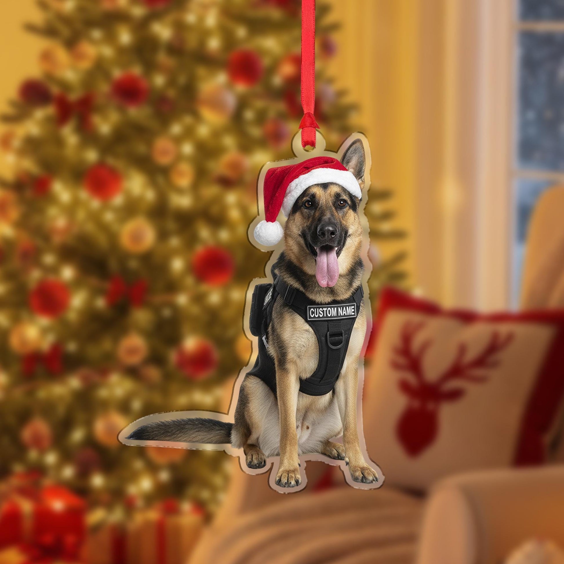 Personalized Police Dog Ornament – Custom German Shepherd K9 Christmas Decoration with Santa Hat