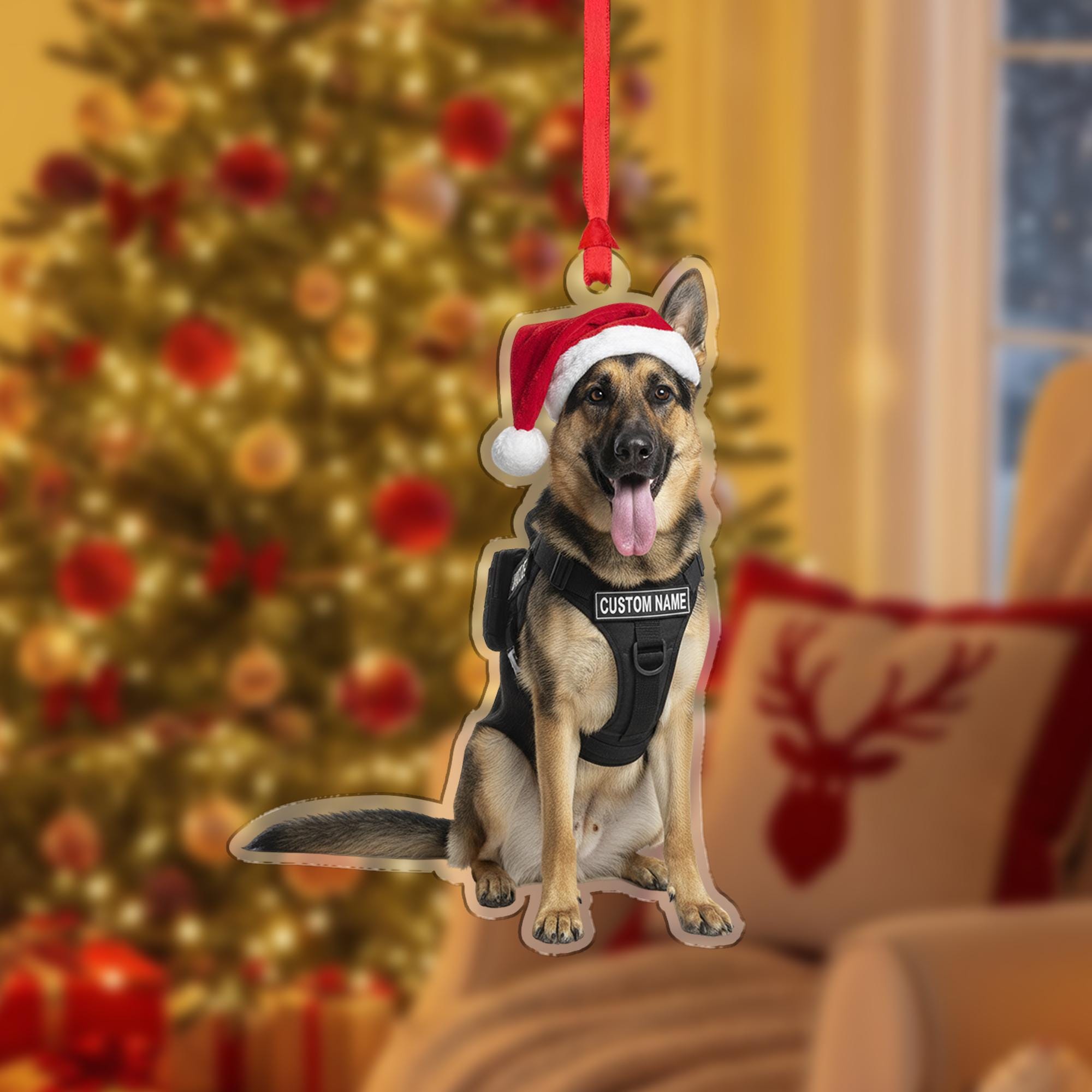 Personalized Police Dog Ornament – Custom German Shepherd K9 Christmas Decoration with Santa Hat