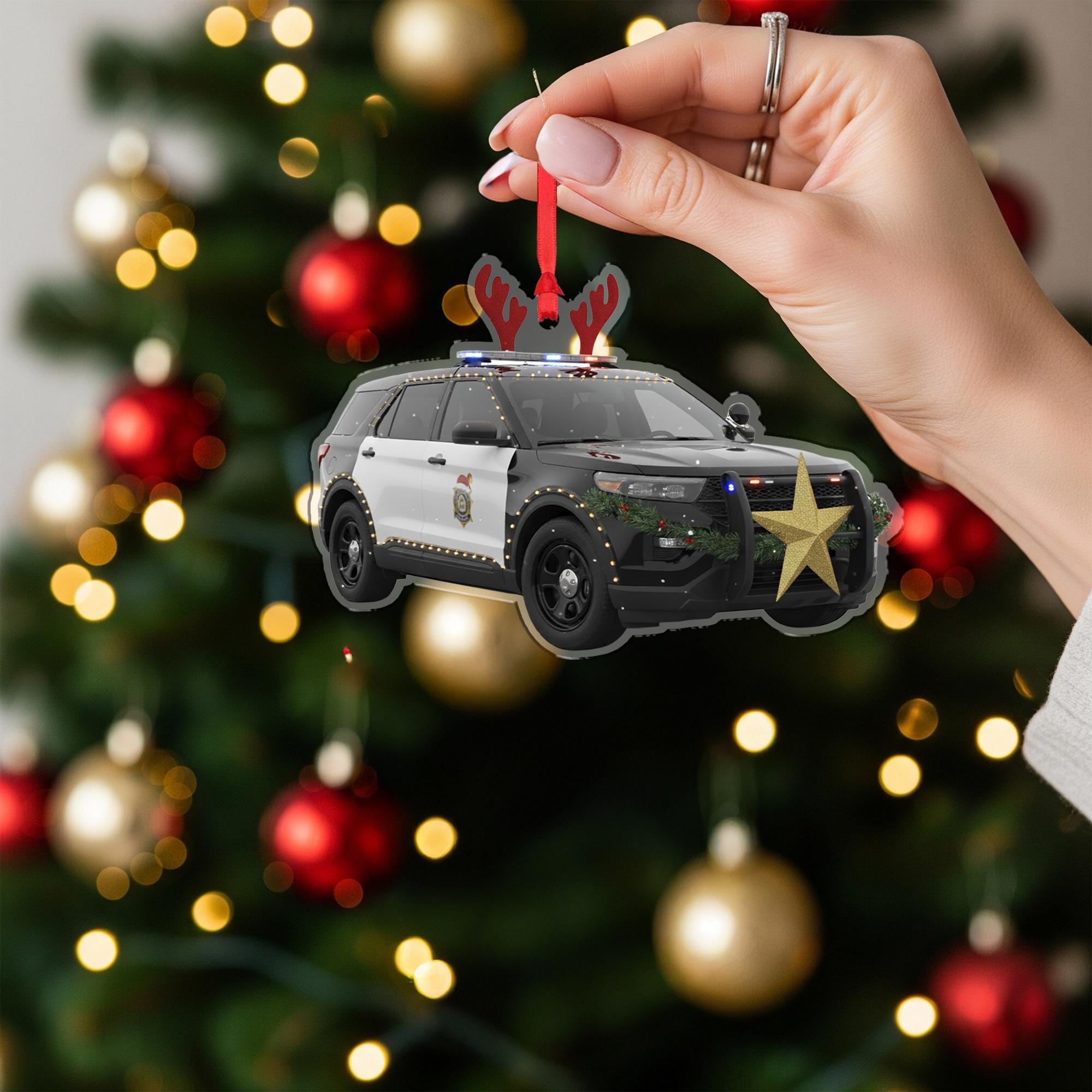 Wooden Police Car Ornament – Law Enforcement Christmas Tree Decoration with Lights and Antlers