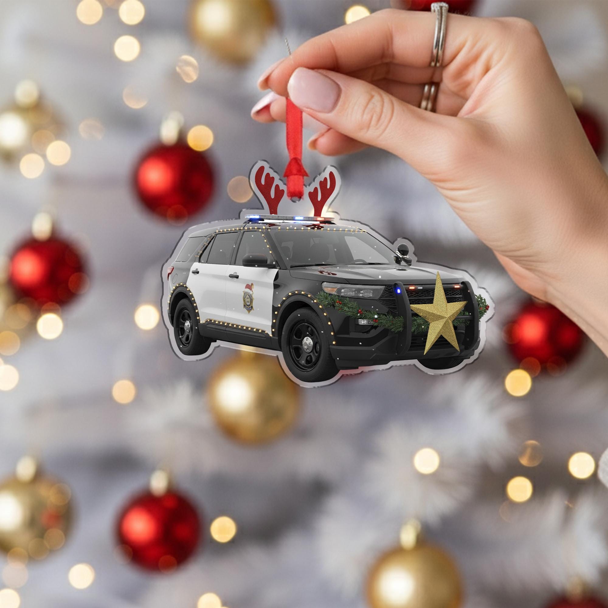 Wooden Police Car Ornament – Law Enforcement Christmas Tree Decoration with Lights and Antlers