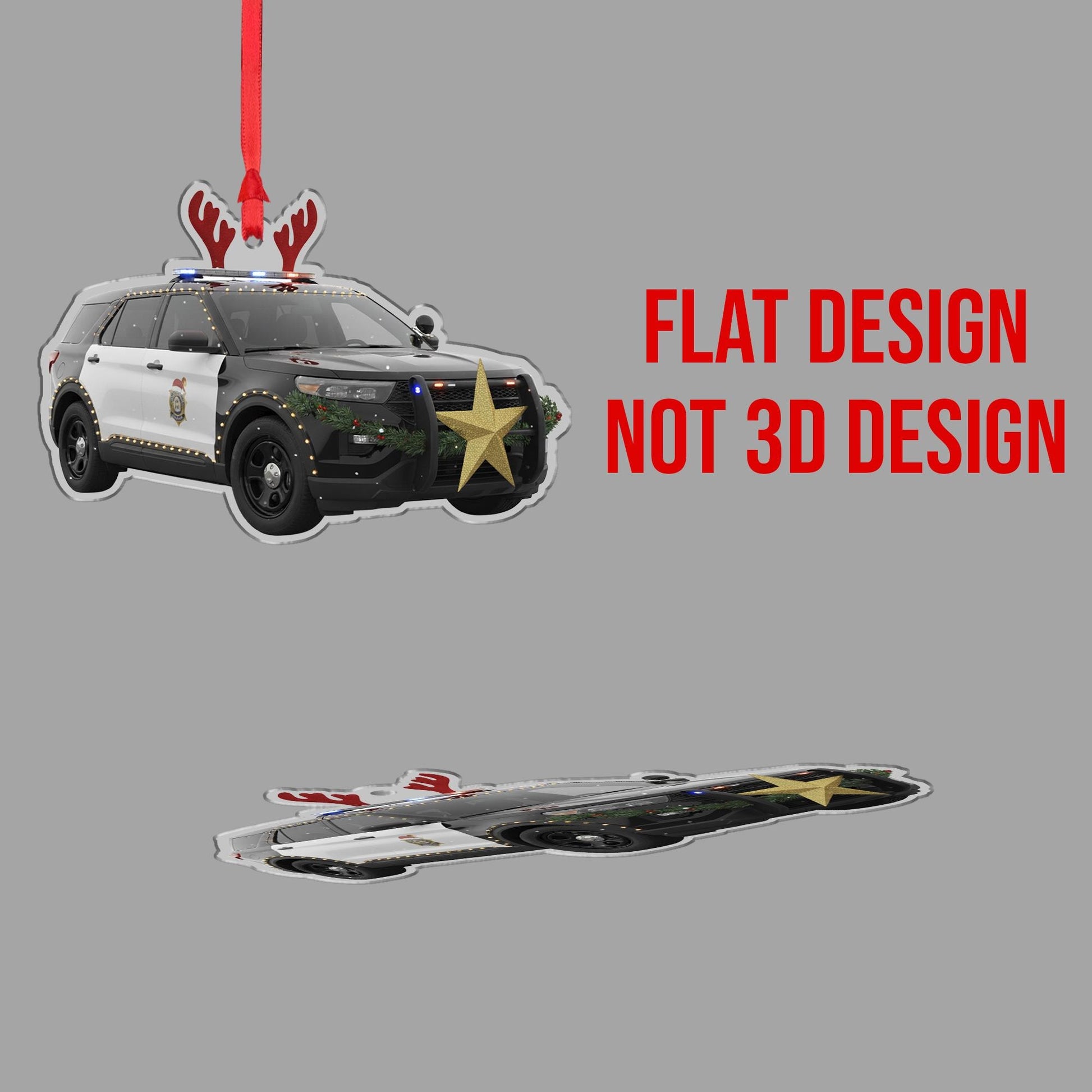 Wooden Police Car Ornament – Law Enforcement Christmas Tree Decoration with Lights and Antlers