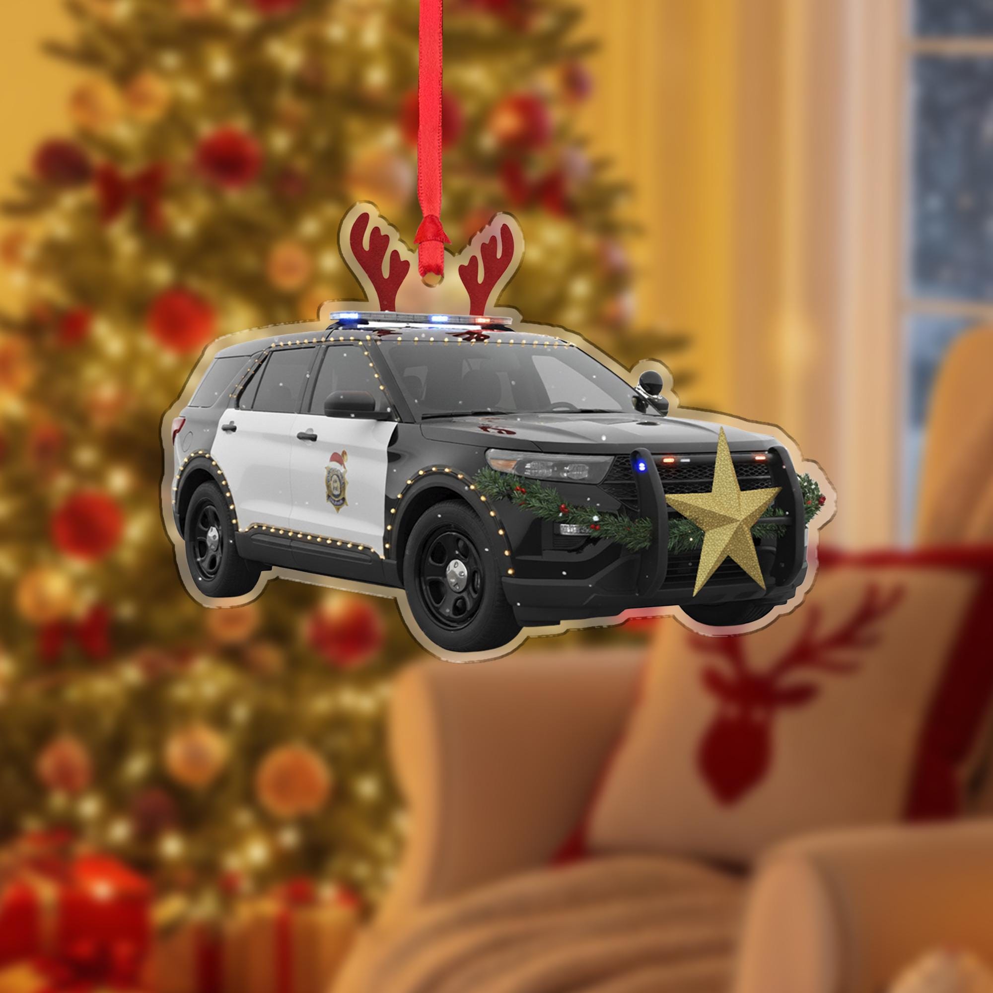 Wooden Police Car Ornament – Law Enforcement Christmas Tree Decoration with Lights and Antlers