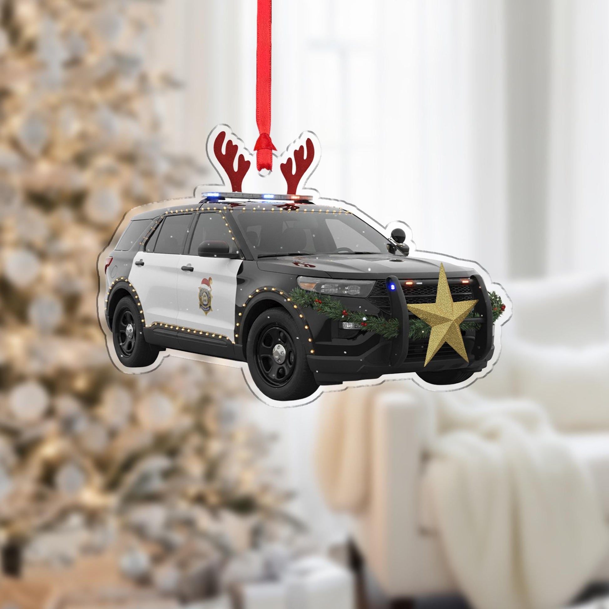 Wooden Police Car Ornament – Law Enforcement Christmas Tree Decoration with Lights and Antlers