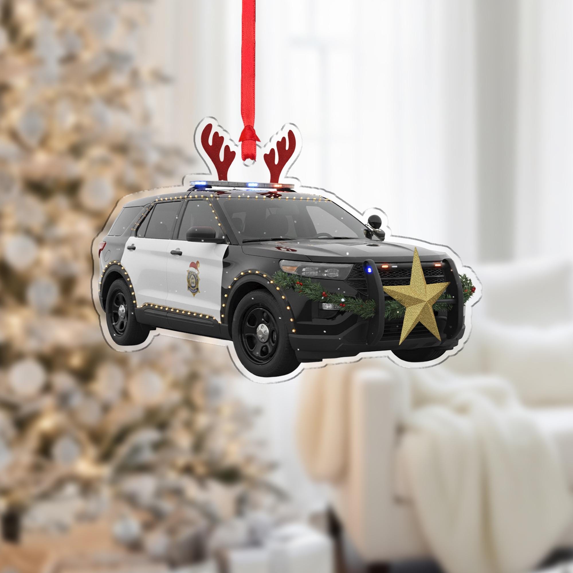 Wooden Police Car Ornament – Law Enforcement Christmas Tree Decoration with Lights and Antlers