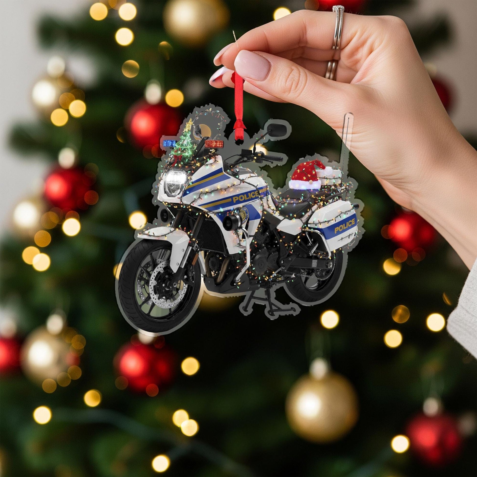 Wooden Police Motorcycle Ornament – Law Enforcement Christmas Tree Decoration with Lights