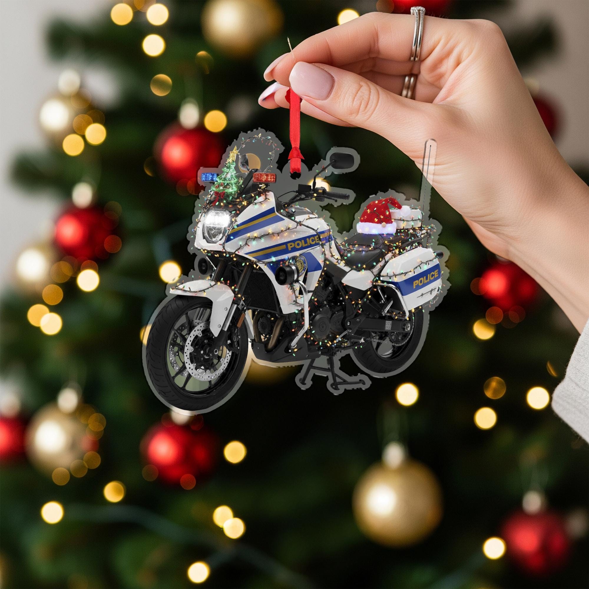 Wooden Police Motorcycle Ornament – Law Enforcement Christmas Tree Decoration with Lights