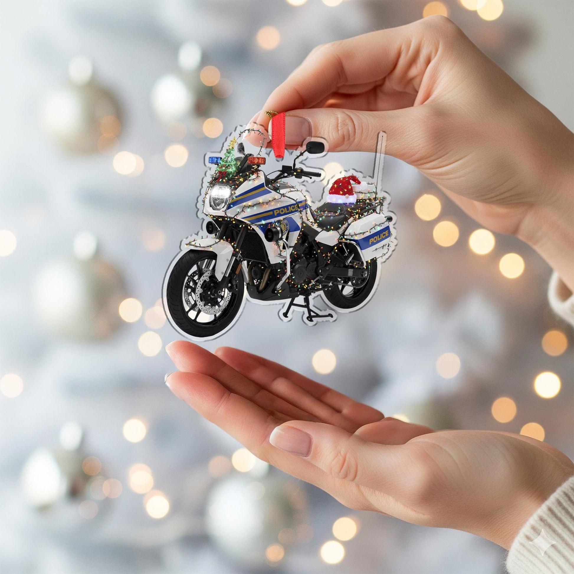 Wooden Police Motorcycle Ornament – Law Enforcement Christmas Tree Decoration with Lights