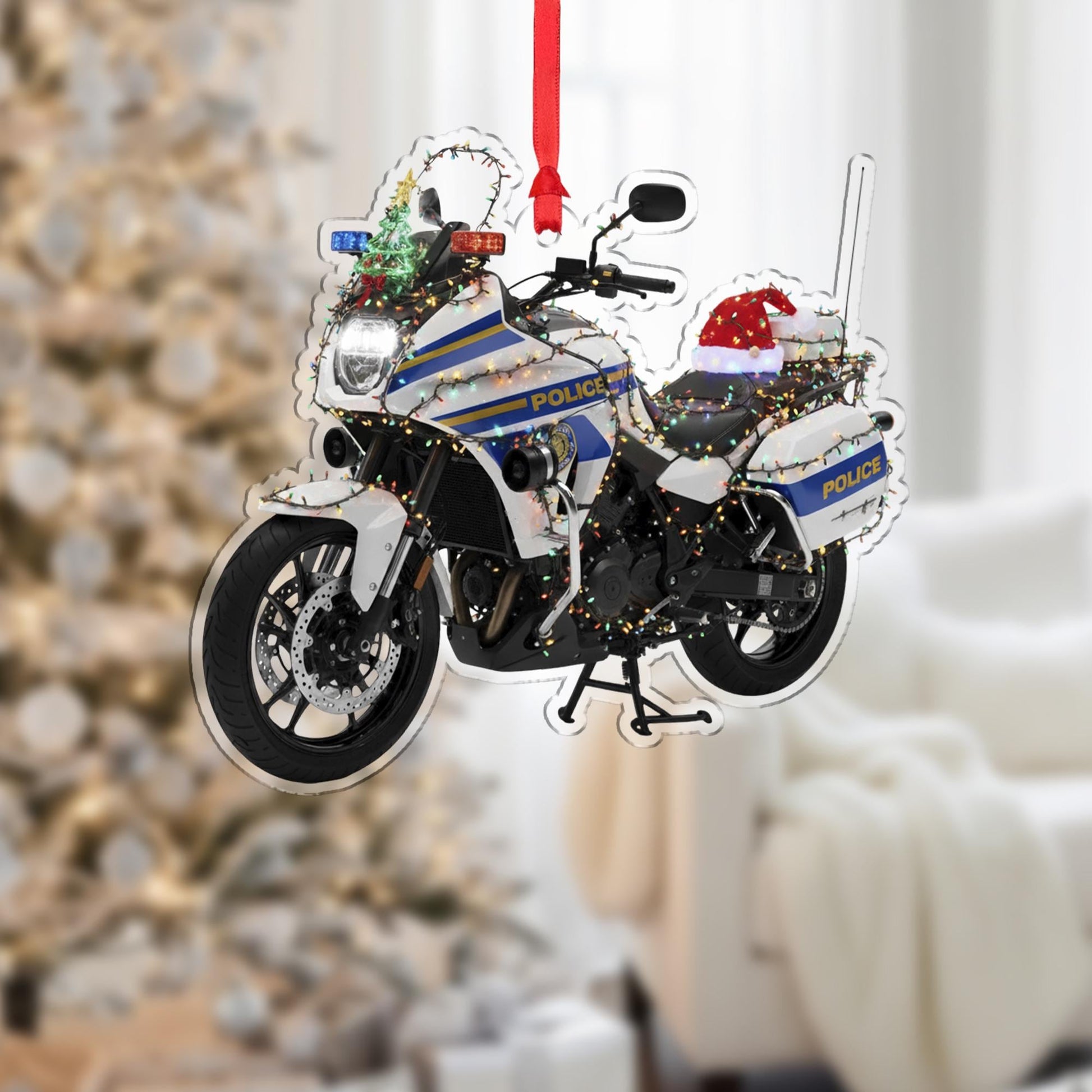 Wooden Police Motorcycle Ornament – Law Enforcement Christmas Tree Decoration with Lights
