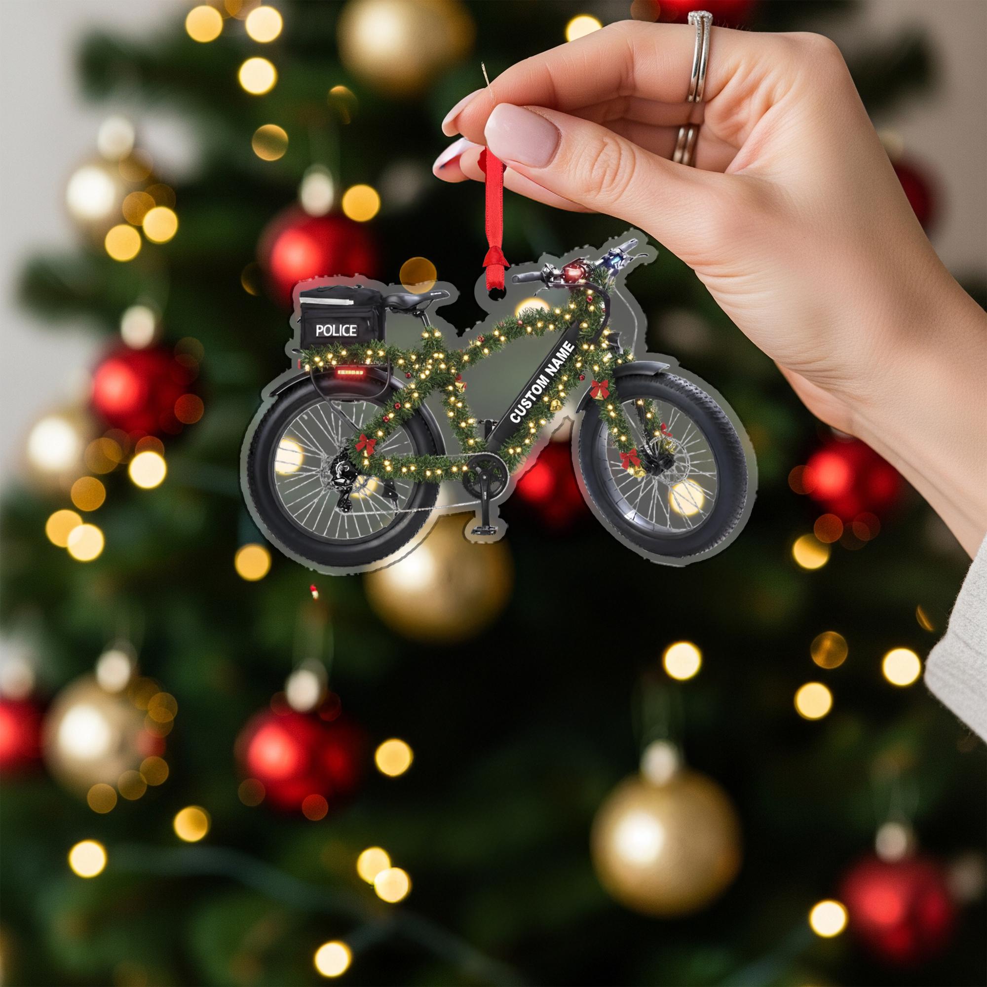 Personalized Police Bicycle Ornament – Custom Wooden Law Enforcement Bike Christmas Decoration