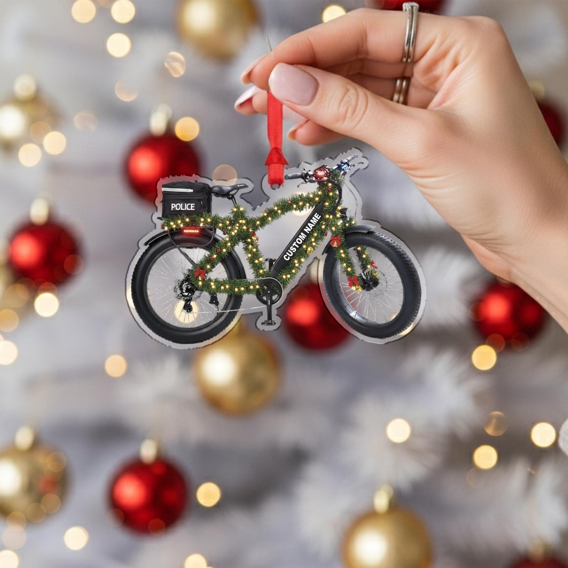 Personalized Police Bicycle Ornament – Custom Wooden Law Enforcement Bike Christmas Decoration