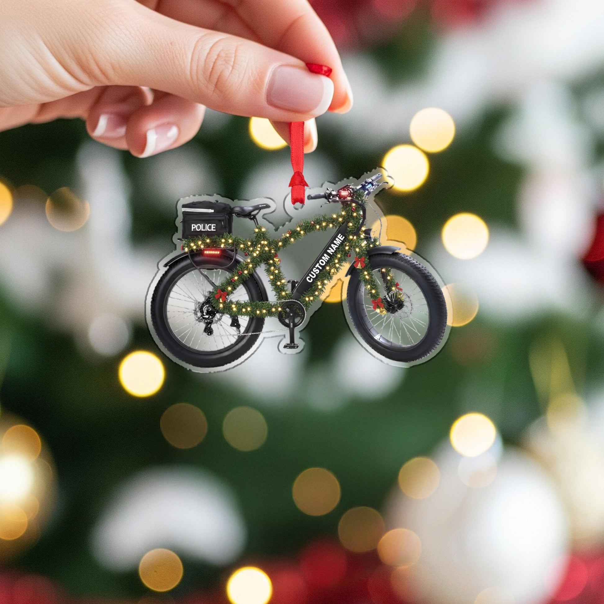 Personalized Police Bicycle Ornament – Custom Wooden Law Enforcement Bike Christmas Decoration