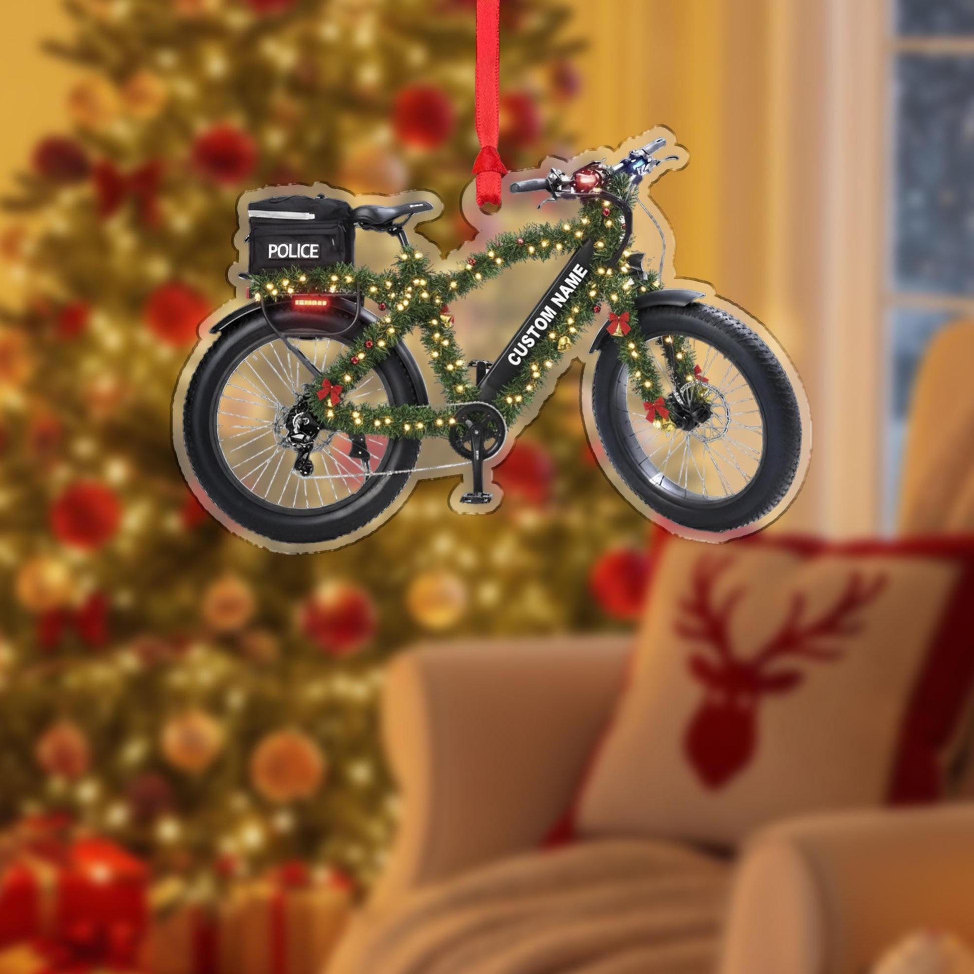 Personalized Police Bicycle Ornament – Custom Wooden Law Enforcement Bike Christmas Decoration
