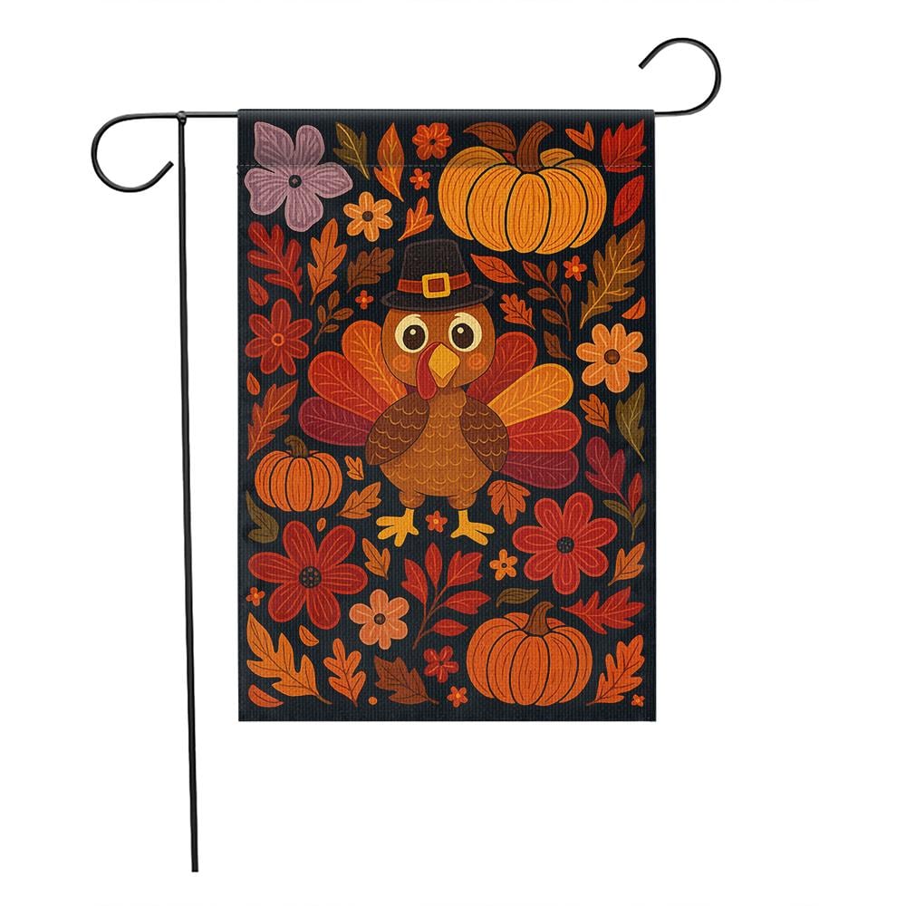 Thanksgiving Garden Flag – Turkey with Pumpkins and Fall Floral Outdoor Decoration