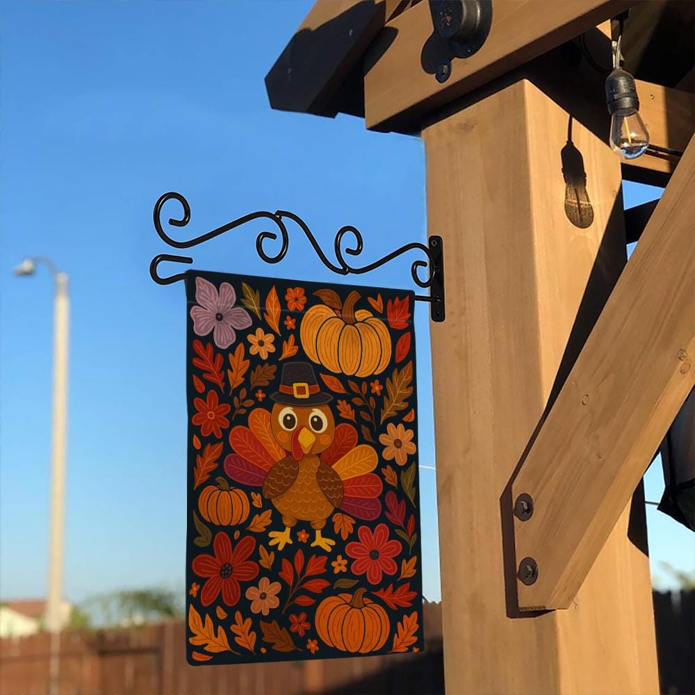 Thanksgiving Garden Flag – Turkey with Pumpkins and Fall Floral Outdoor Decoration