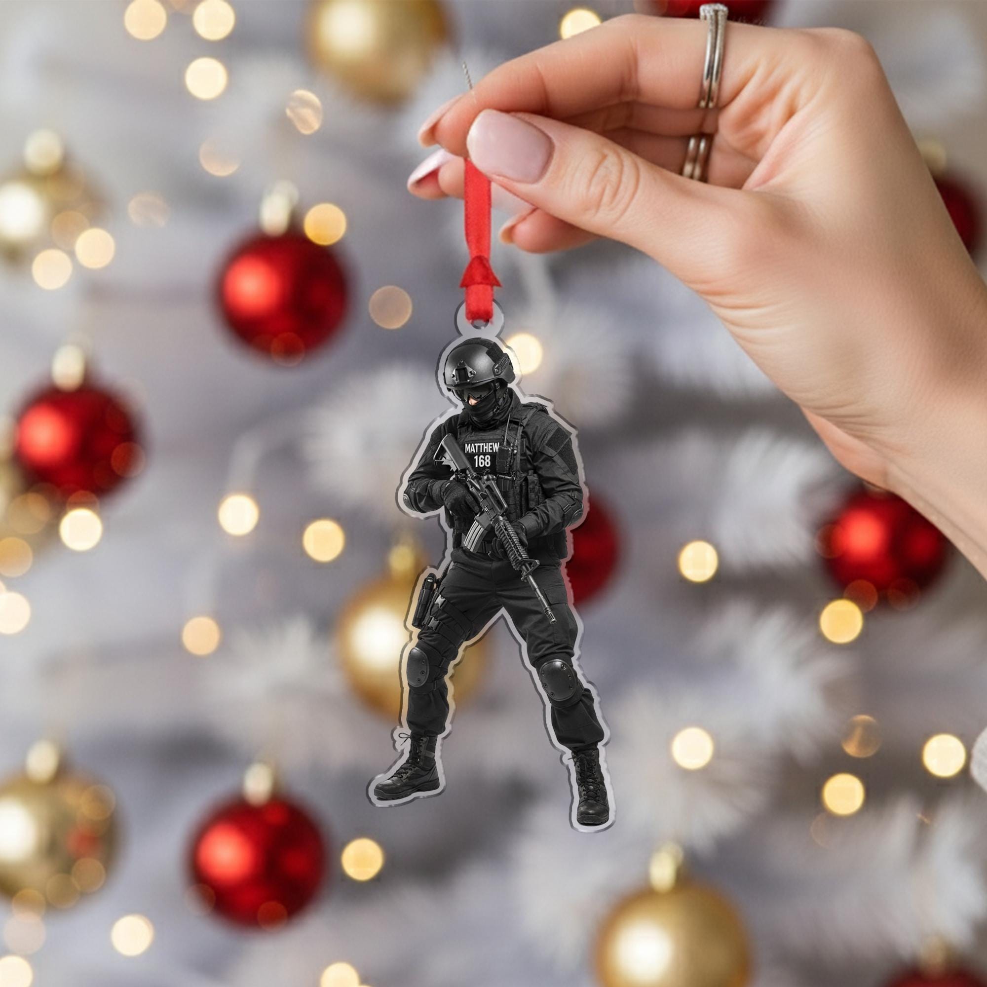 Personalized SWAT Ornament – Custom Wooden Tactical Police Officer Christmas Decoration