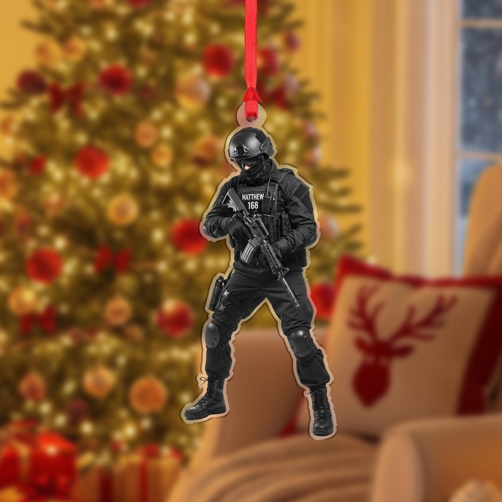 Personalized SWAT Ornament – Custom Wooden Tactical Police Officer Christmas Decoration