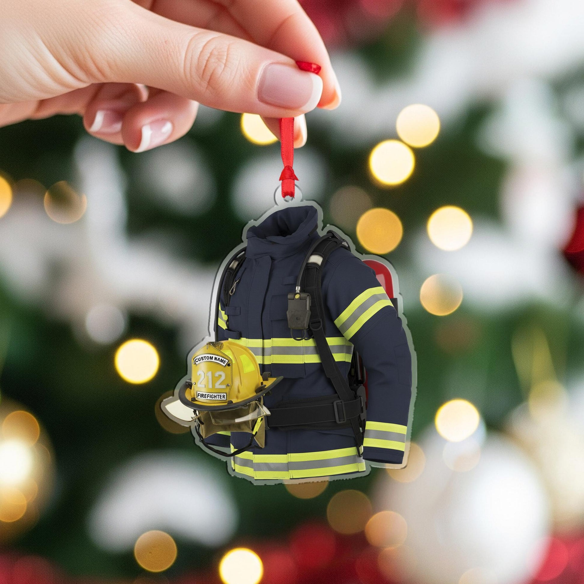 Personalized Firefighter Ornament – Custom Wooden Turnout Gear and Helmet Christmas Decoration