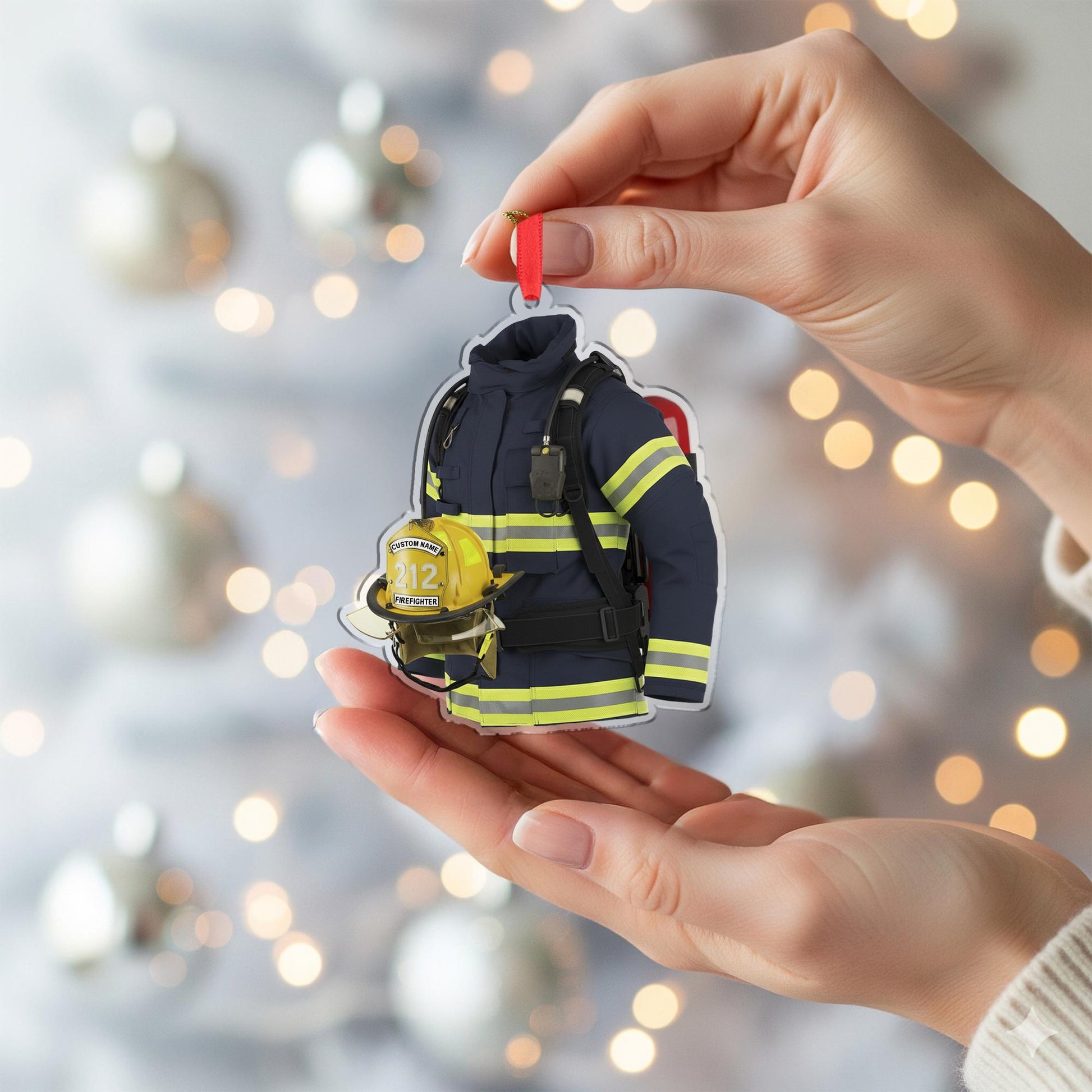 Personalized Firefighter Ornament – Custom Wooden Turnout Gear and Helmet Christmas Decoration