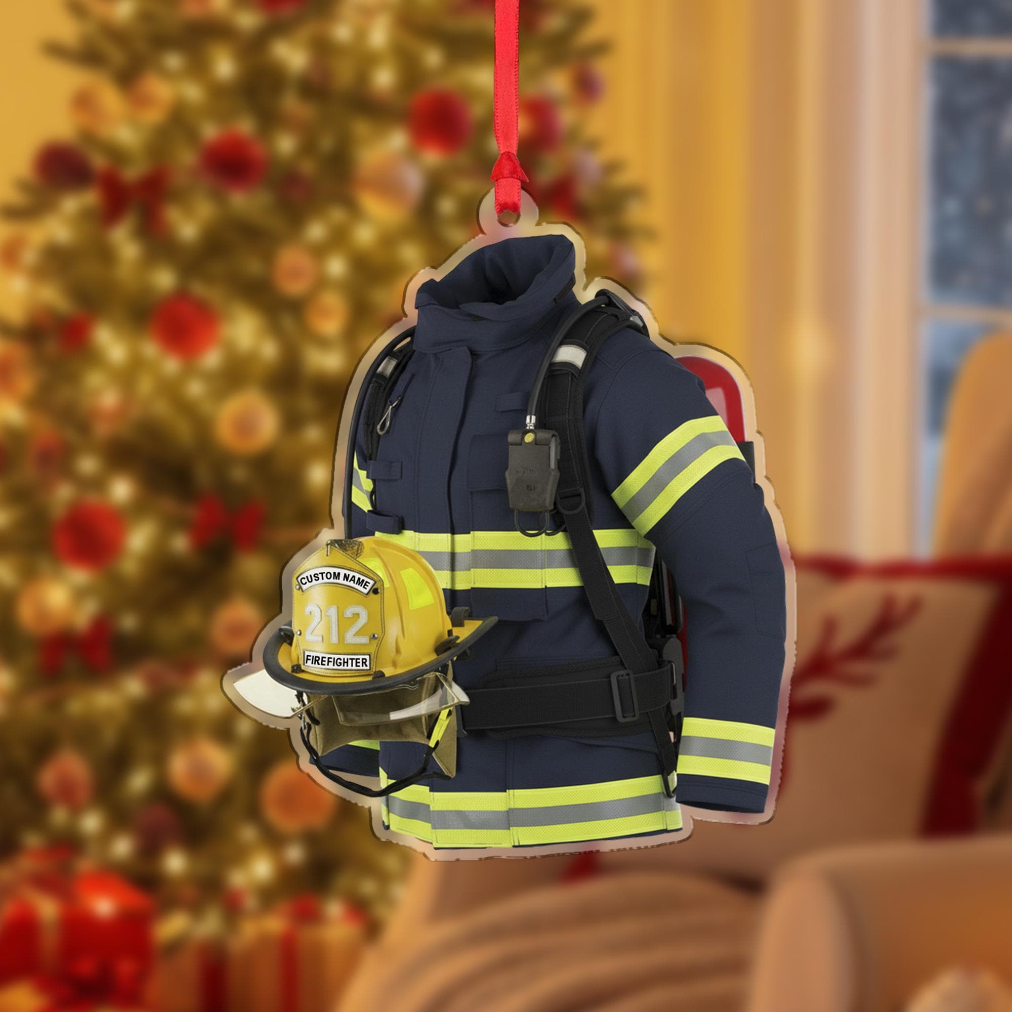 Personalized Firefighter Ornament – Custom Wooden Turnout Gear and Helmet Christmas Decoration