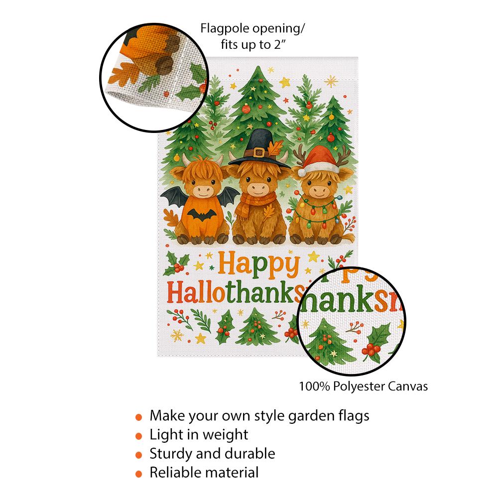 Garden Flag – Highland Cow HalloThanksMas with Holiday Trees Outdoor Decoration