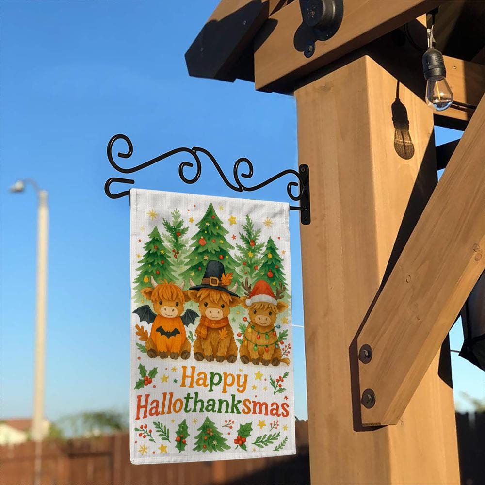 Garden Flag – Highland Cow HalloThanksMas with Holiday Trees Outdoor Decoration