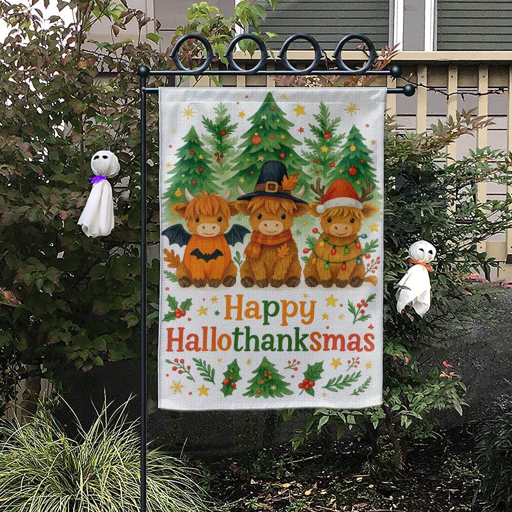 Garden Flag – Highland Cow HalloThanksMas with Holiday Trees Outdoor Decoration