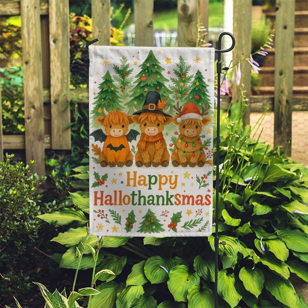 Garden Flag – Highland Cow HalloThanksMas with Holiday Trees Outdoor Decoration