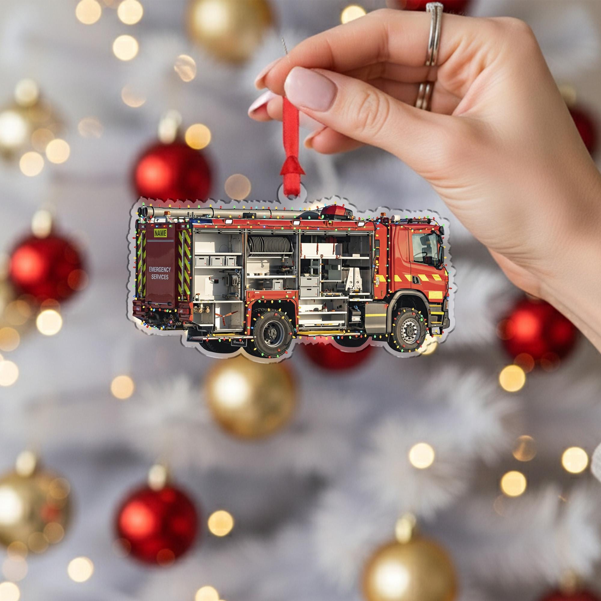 Personalized Fire Truck Ornament – Custom Wooden Firefighter Engine Christmas Decoration