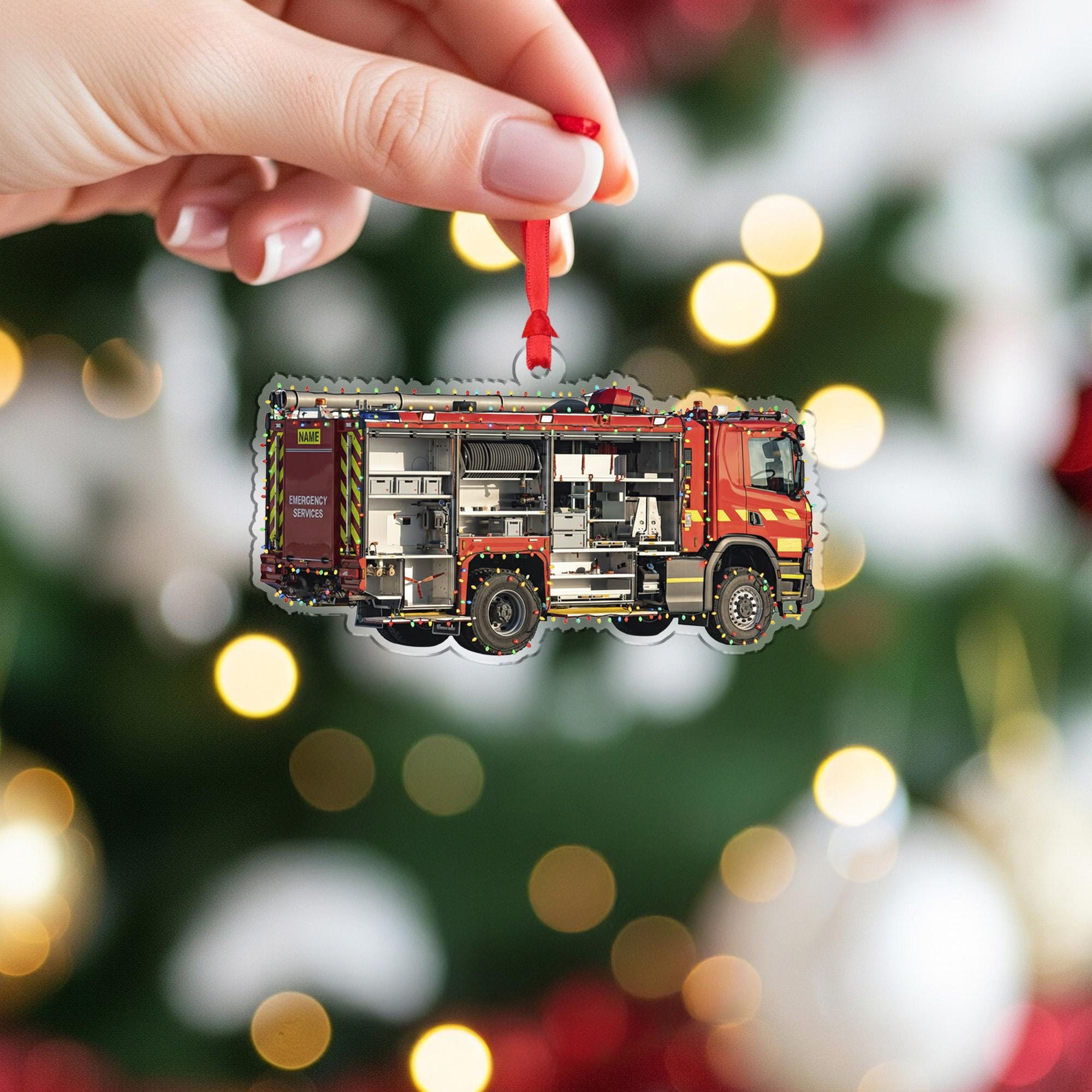 Personalized Fire Truck Ornament – Custom Wooden Firefighter Engine Christmas Decoration