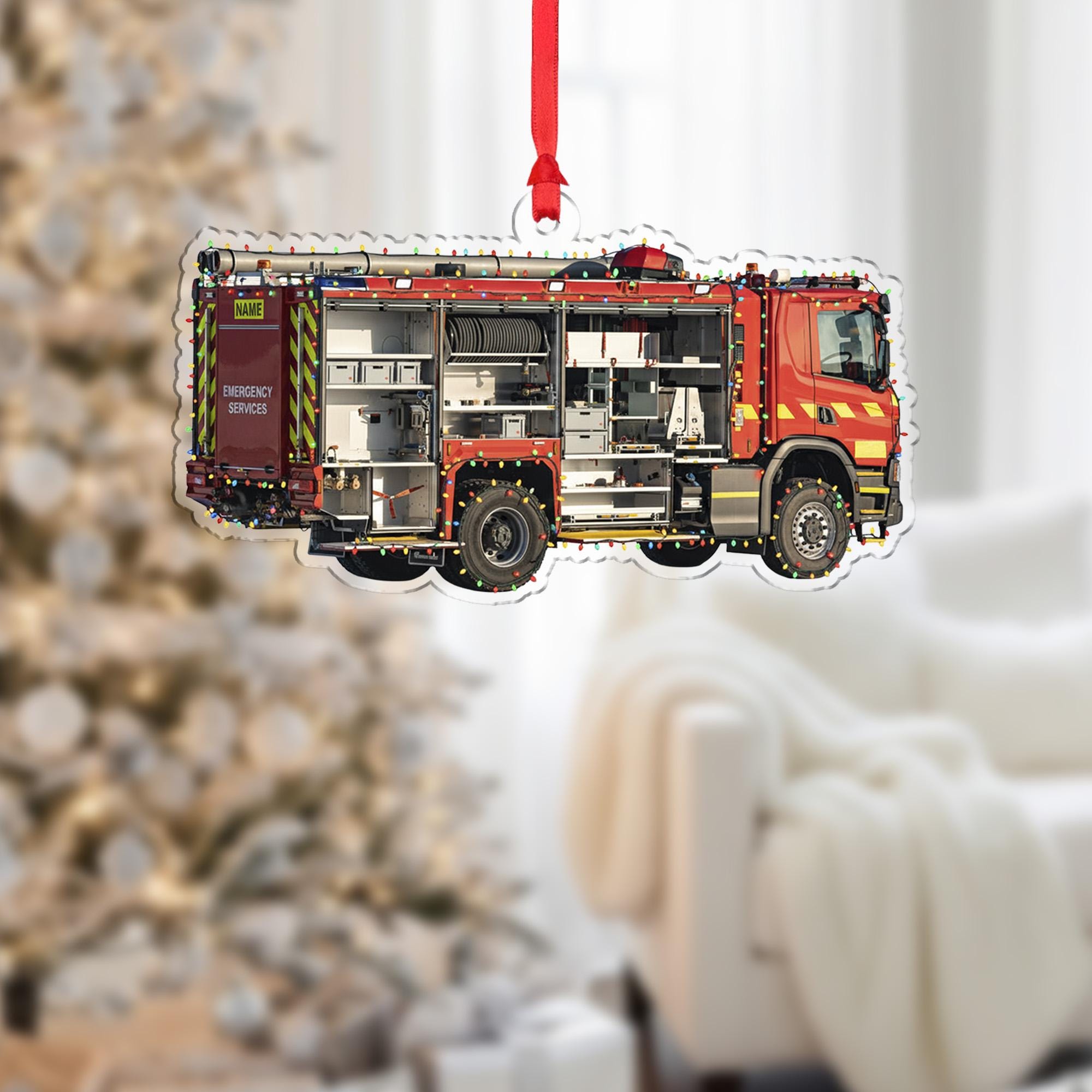 Personalized Fire Truck Ornament – Custom Wooden Firefighter Engine Christmas Decoration