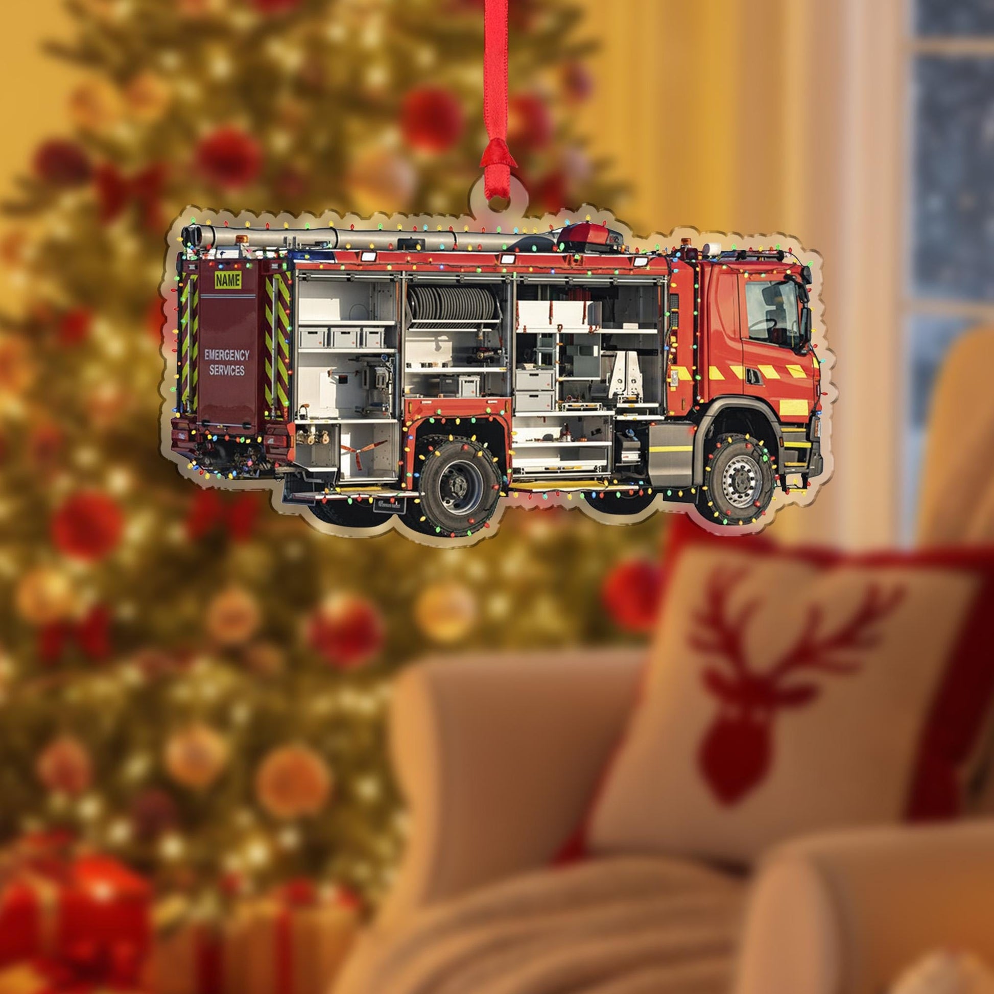 Personalized Fire Truck Ornament – Custom Wooden Firefighter Engine Christmas Decoration