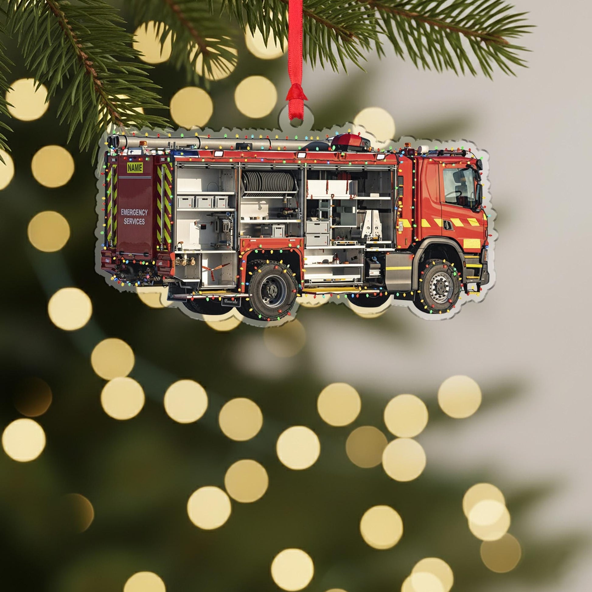 Personalized Fire Truck Ornament – Custom Wooden Firefighter Engine Christmas Decoration