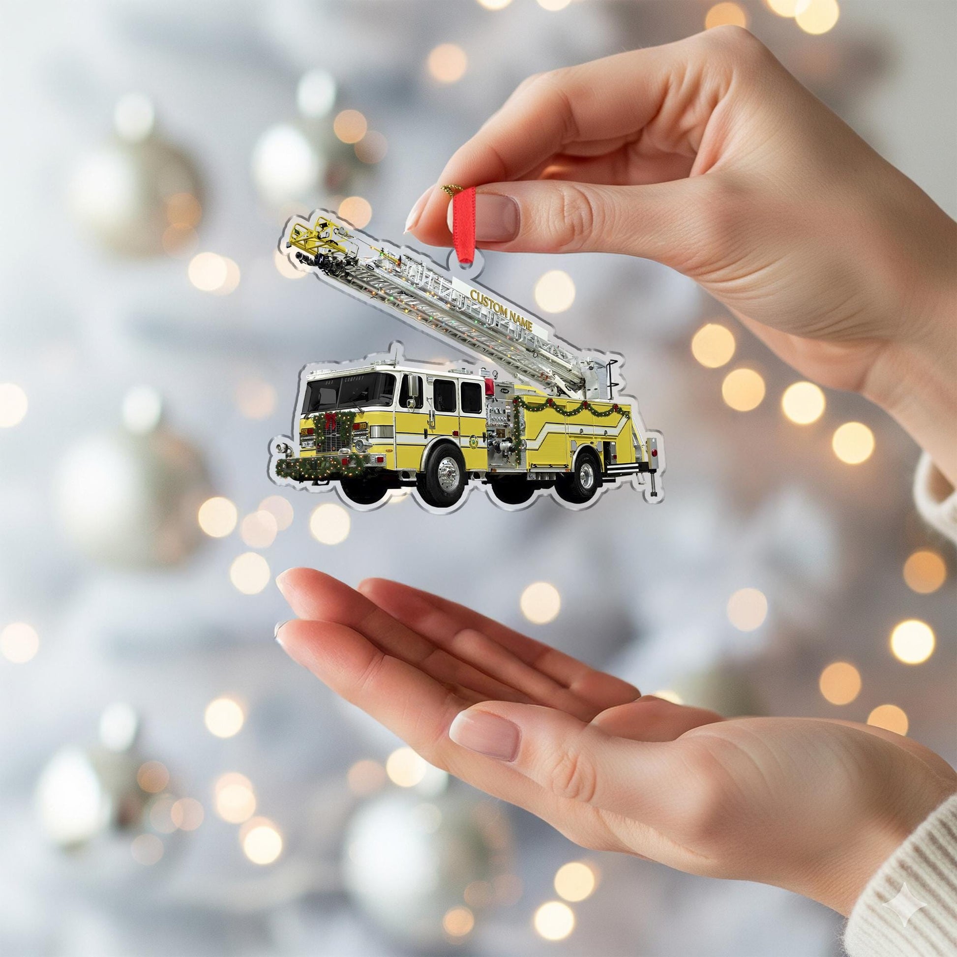Personalized Fire Truck Ornament – Custom Wooden Ladder Engine Firefighter Christmas Decoration