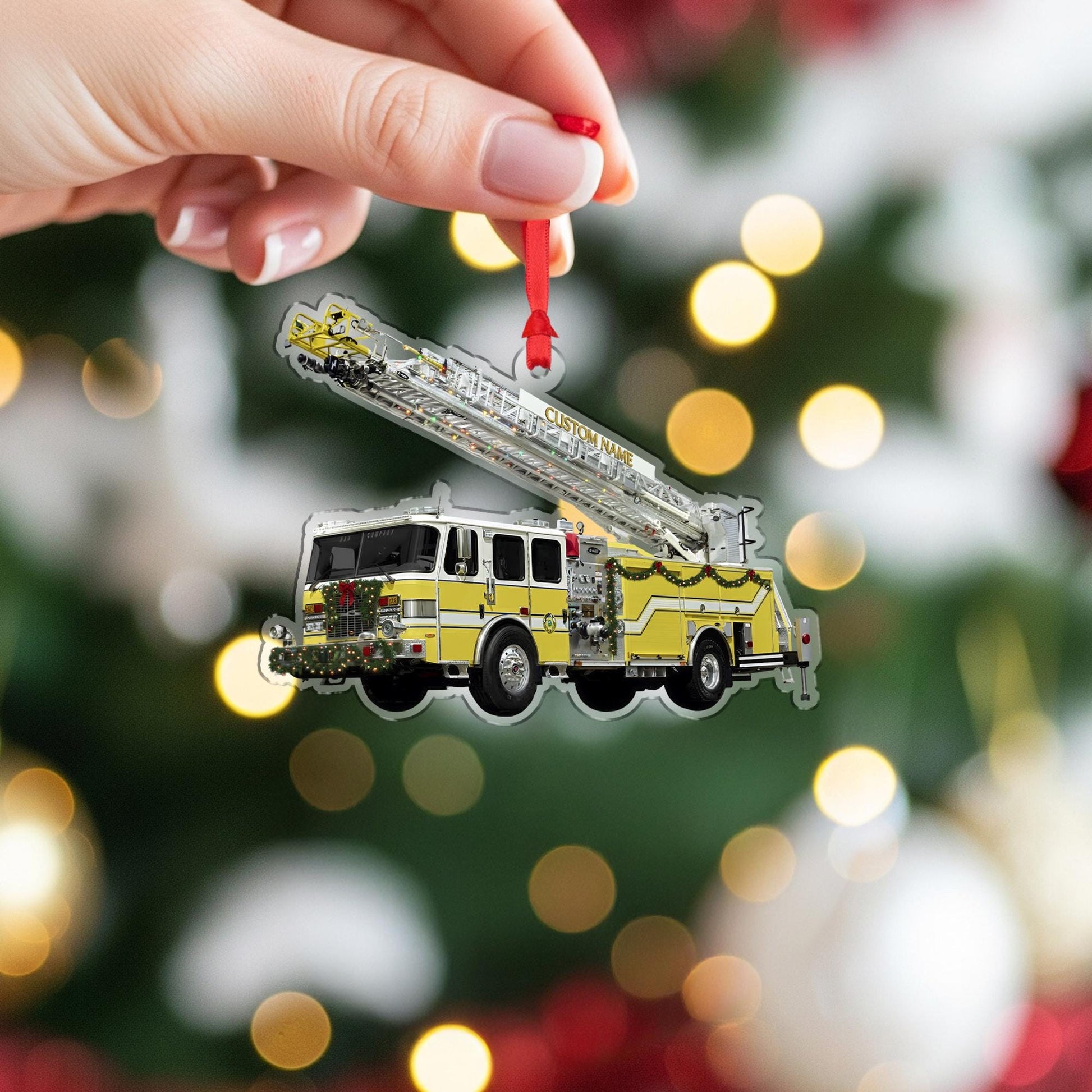Personalized Fire Truck Ornament – Custom Wooden Ladder Engine Firefighter Christmas Decoration