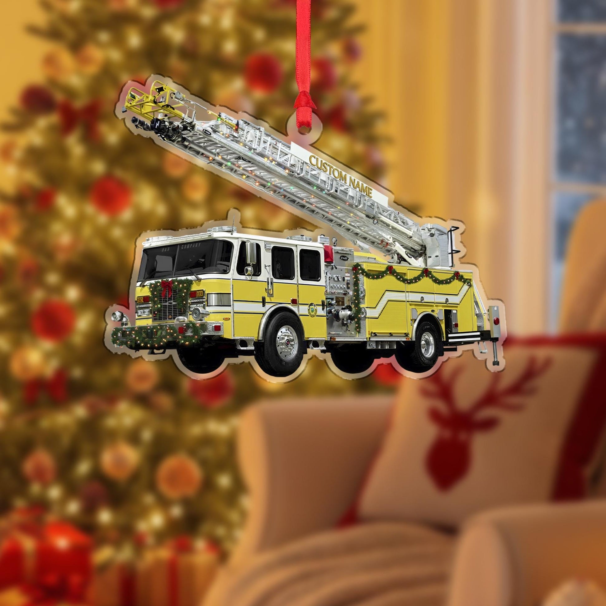 Personalized Fire Truck Ornament – Custom Wooden Ladder Engine Firefighter Christmas Decoration